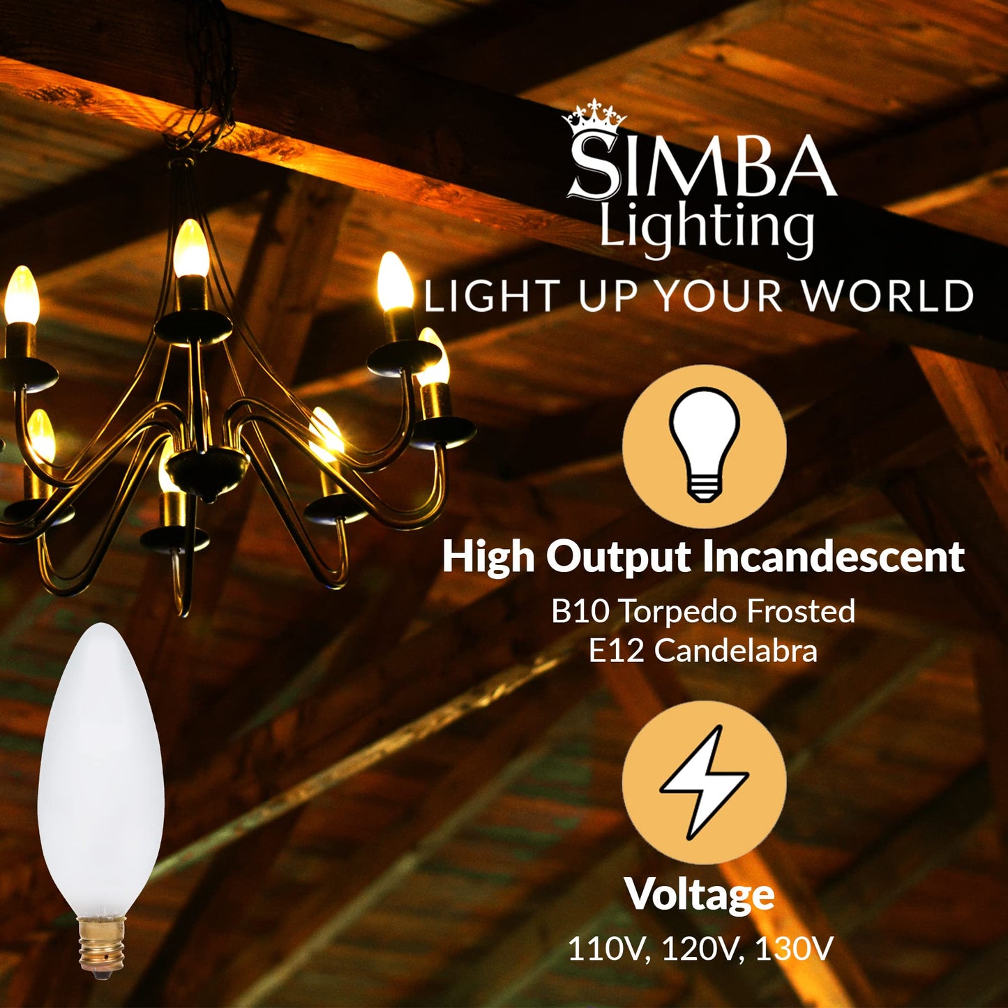 Simba Lighting Candelabra Torpedo Frosted B10 40W E12 Base 120V, 12 Pack
