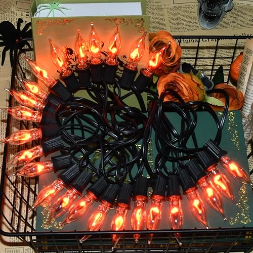 27.8Ft Halloween Decorations Flickering Flame String Lights with 29 Pack Clear Glass Flame Light Bulbs (4 Spare), E12 Base, Great for Christmas