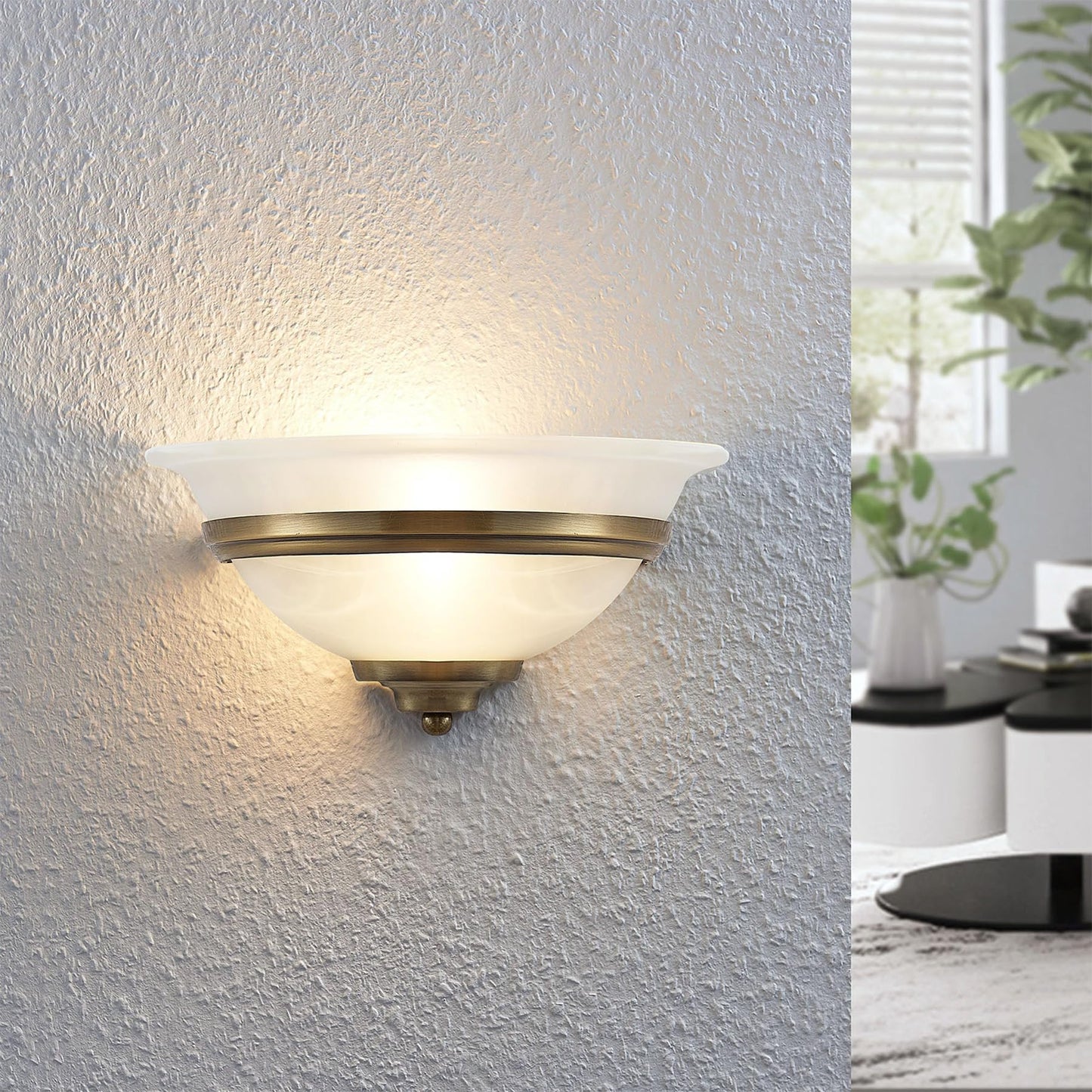 Lucande 12.2" Antique Brass Half Moon Wall Sconce Light, Uplight Wall Mount Light with Frosted Glass Bowl Shade, Traditional Wall Sconce for Bedroom