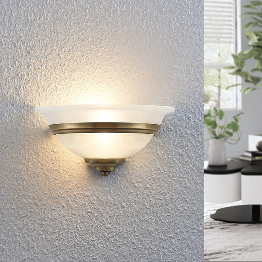 Lucande 12.2" Antique Brass Half Moon Wall Sconce Light, Uplight Wall Mount Light with Frosted Glass Bowl Shade, Traditional Wall Sconce for Bedroom