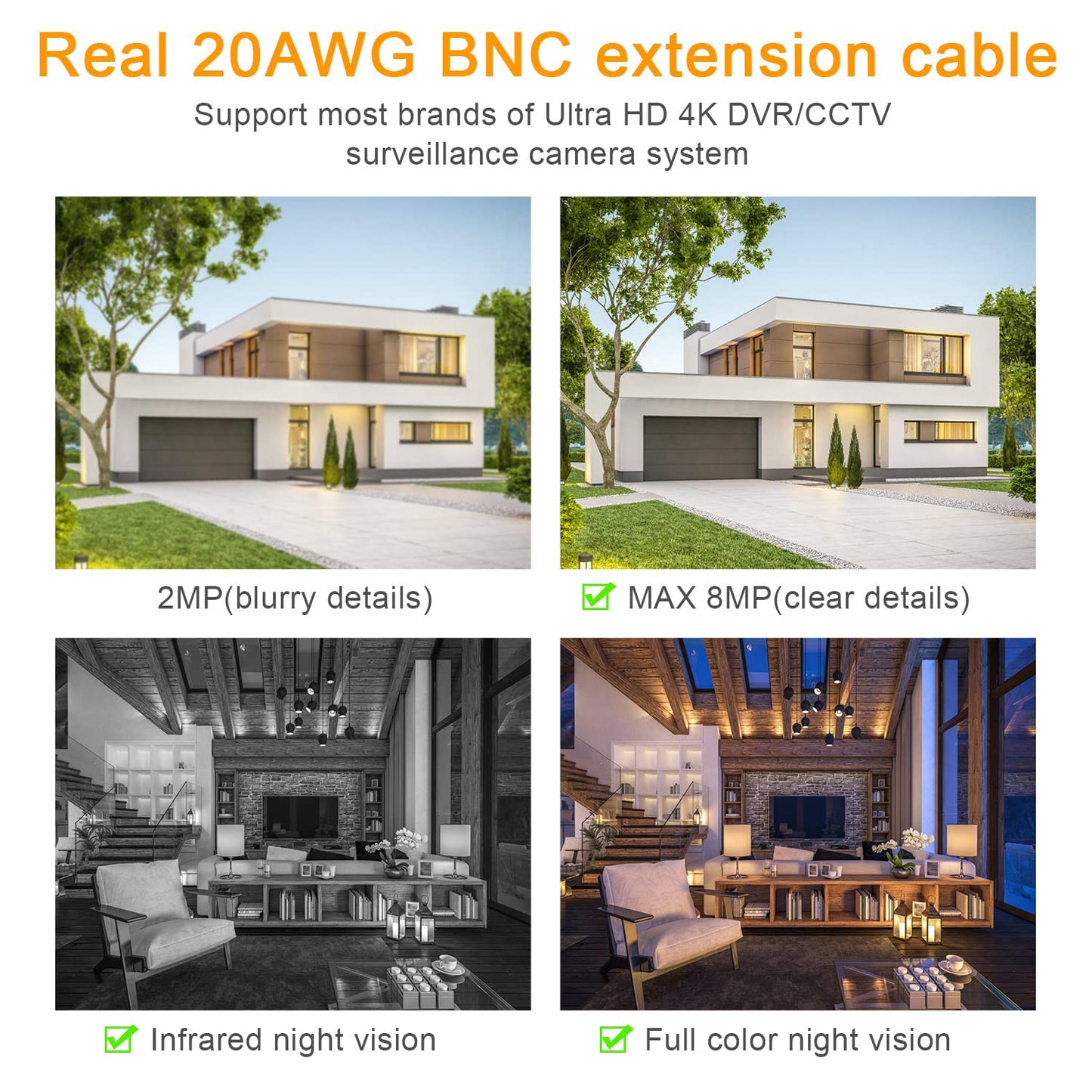 WILDHD [20AWG Cables] 100ft 8MP/4K BNC Cable All-in-One Siamese Video and Power Security Camera Cable, BNC Extension Wire Cord with 2 Female