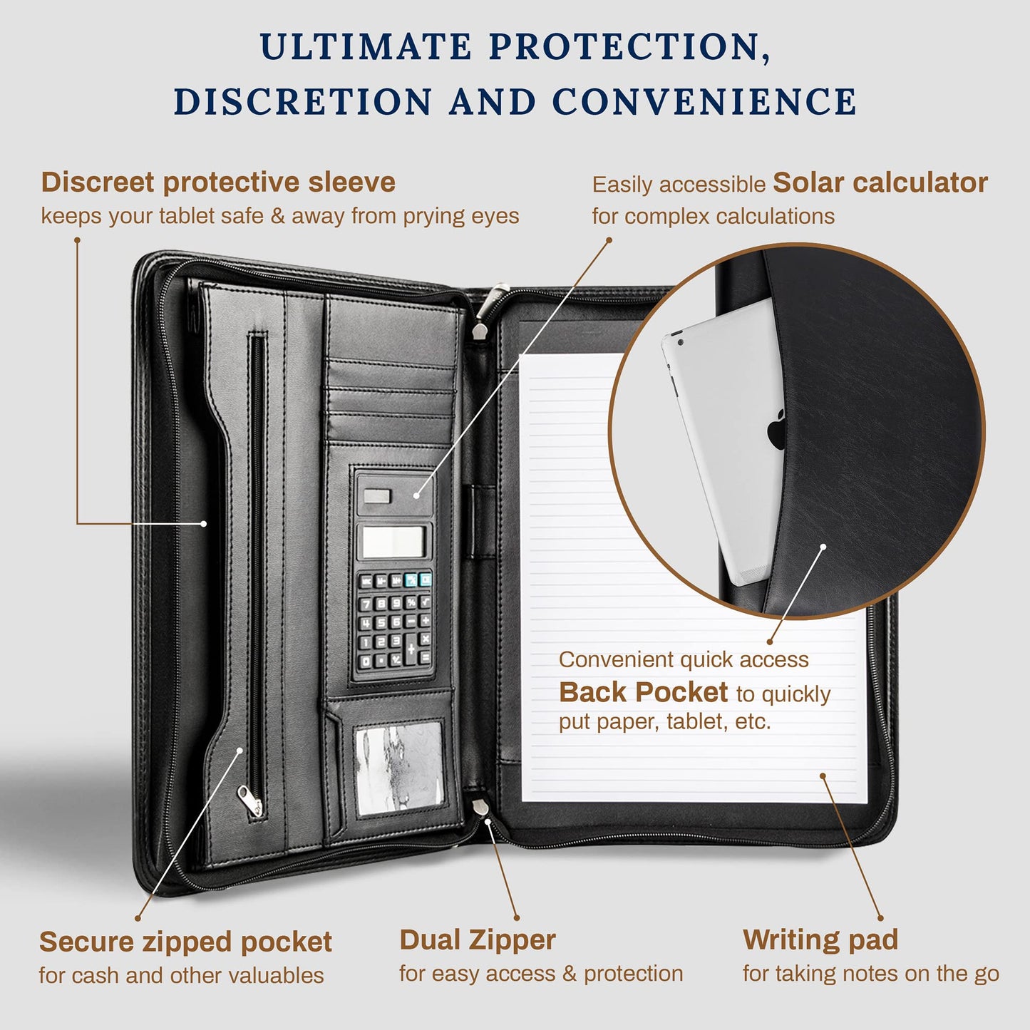 Cossini Black Superior Vegan Leather Business Portfolio with Zipper - Padfolio All-in-One. Smartest Protective 10.1 Inch Tablet Sleeve, Presentation