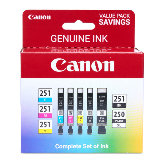 Canon PGI-250XL/CLI-251 Genuine Five Color Value Pack, Compatible with MG6320, iP7220, MG5420, MX922, MX722, MG7120, MG6420, MG5520, iX6820, iP8720