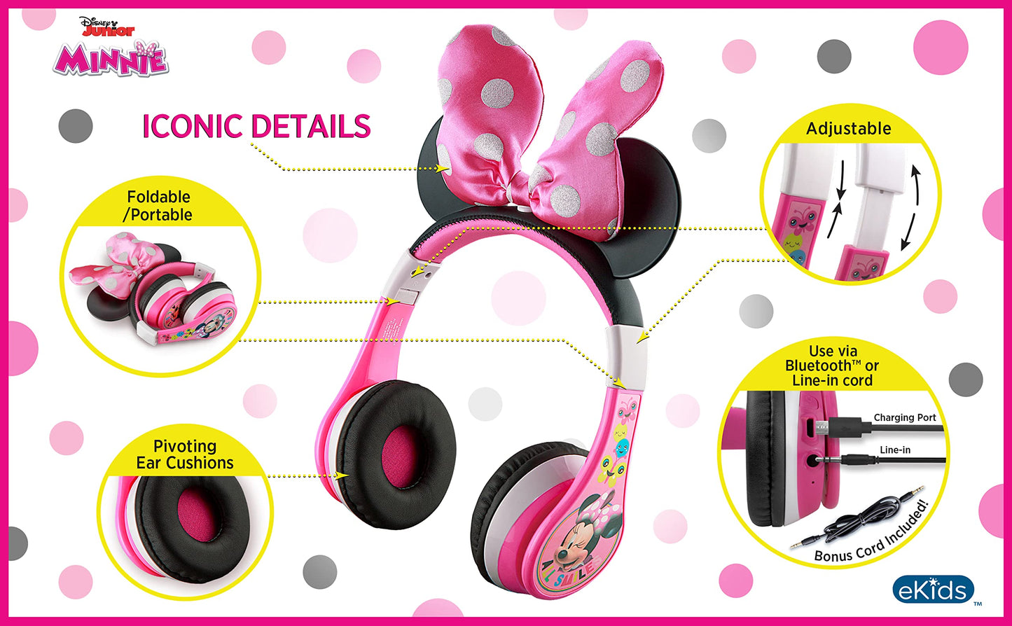 eKids Minnie Mouse Kids Bluetooth Headphones, Wireless with Microphone Includes Aux Cord, Volume Reduced Foldable Headphones for School, Home, or