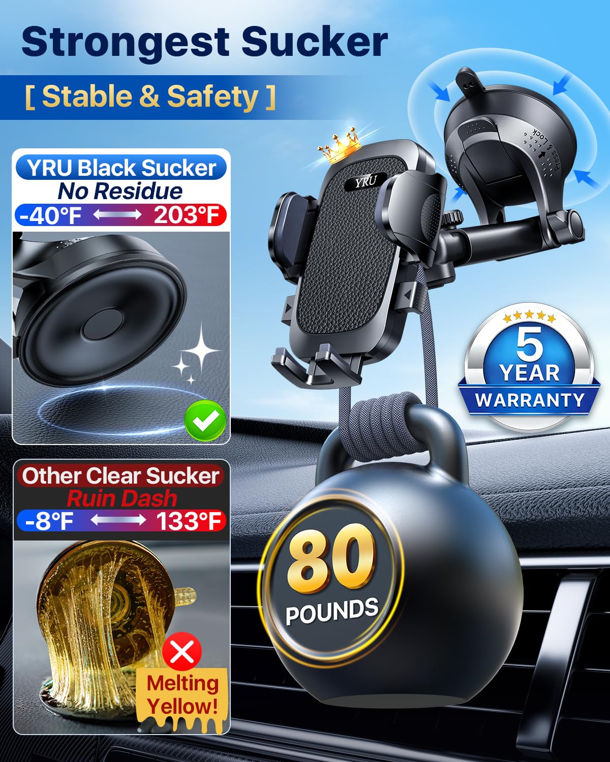 [True Upgrade for Safety] YRU Car Phone Holder Mount [Patent & Military-Grade] Dashboard Cell Phone Holder for Car Vent Windshield Phone Stand