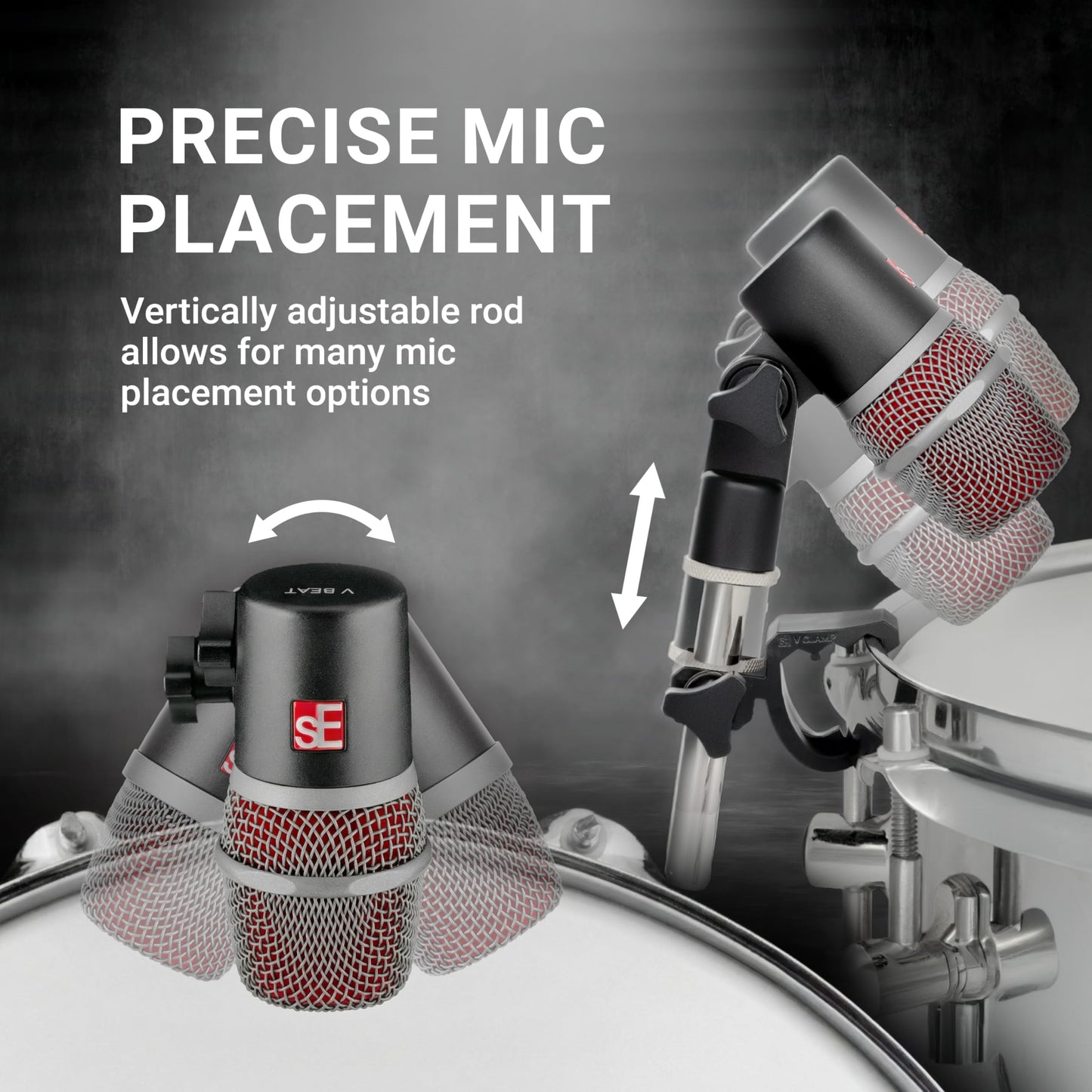 sE Electronics V Clamp Drum Microphone Mount - Compact Drum Mic Clip with Height & Rotation Adjustability - Fast & Easy Setup & Tear-Down Within