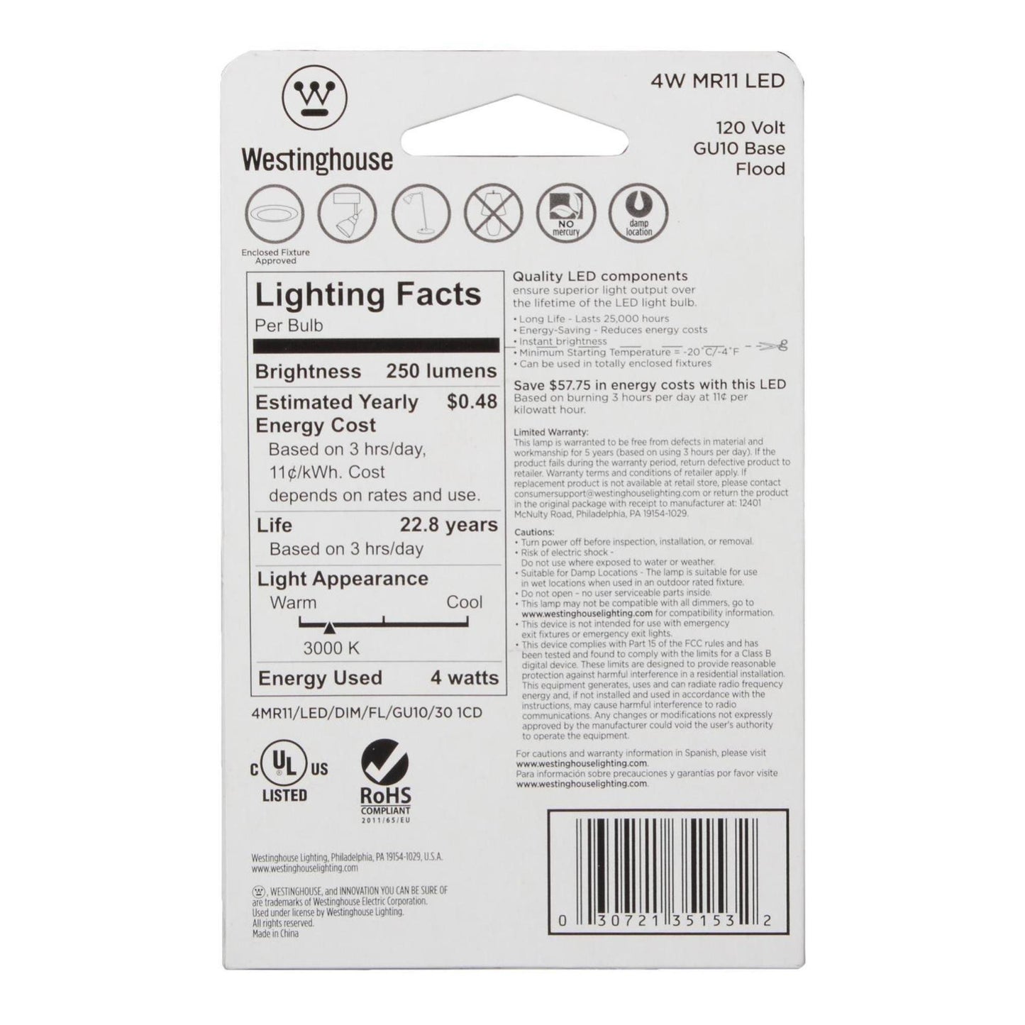 Westinghouse 3515320 25-Watt Equivalent MR11 Flood Dimmable Bright White LED Light Bulb with GU10 Base