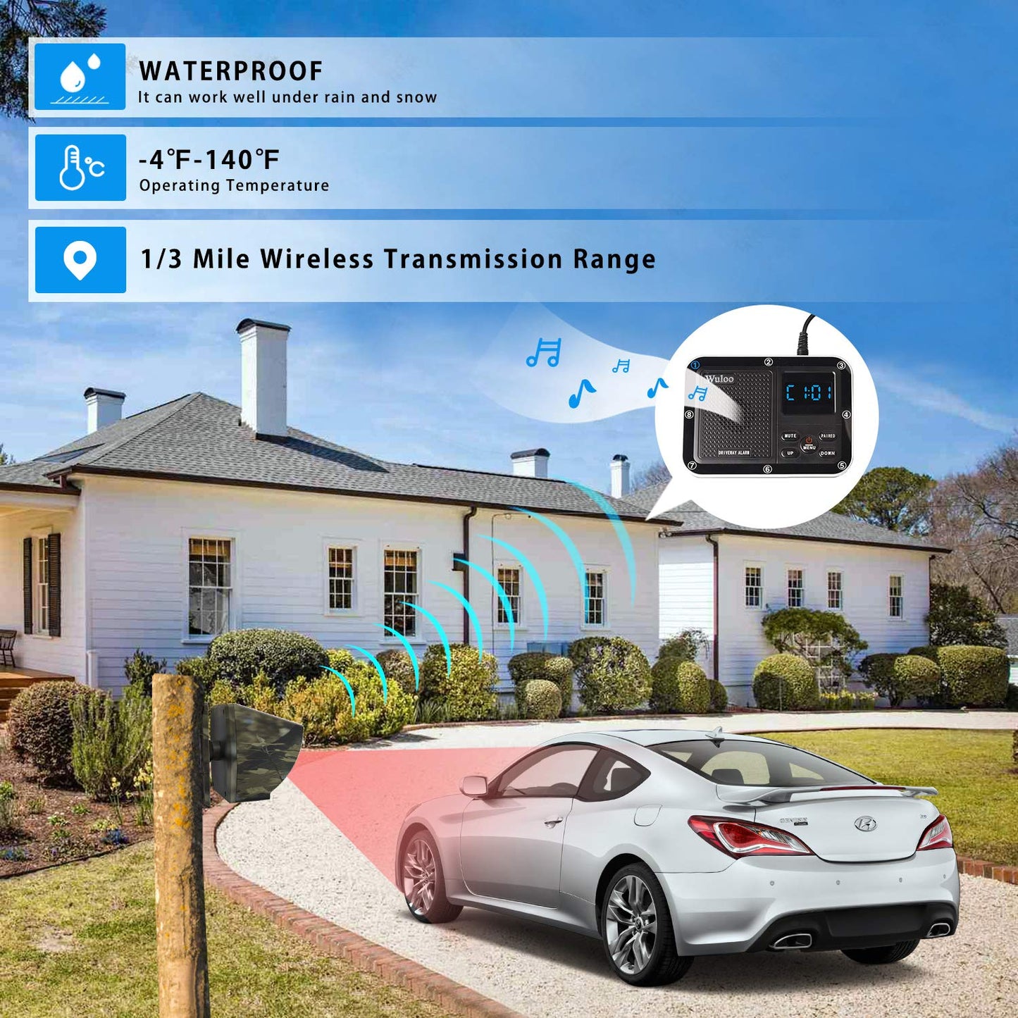 Solar Driveway Alarm Wireless Outside 1800ft Range, Outdoor Motion Sensor & Detector Driveway Alert System with Rechargeable Battery/Weatherproof/Mute