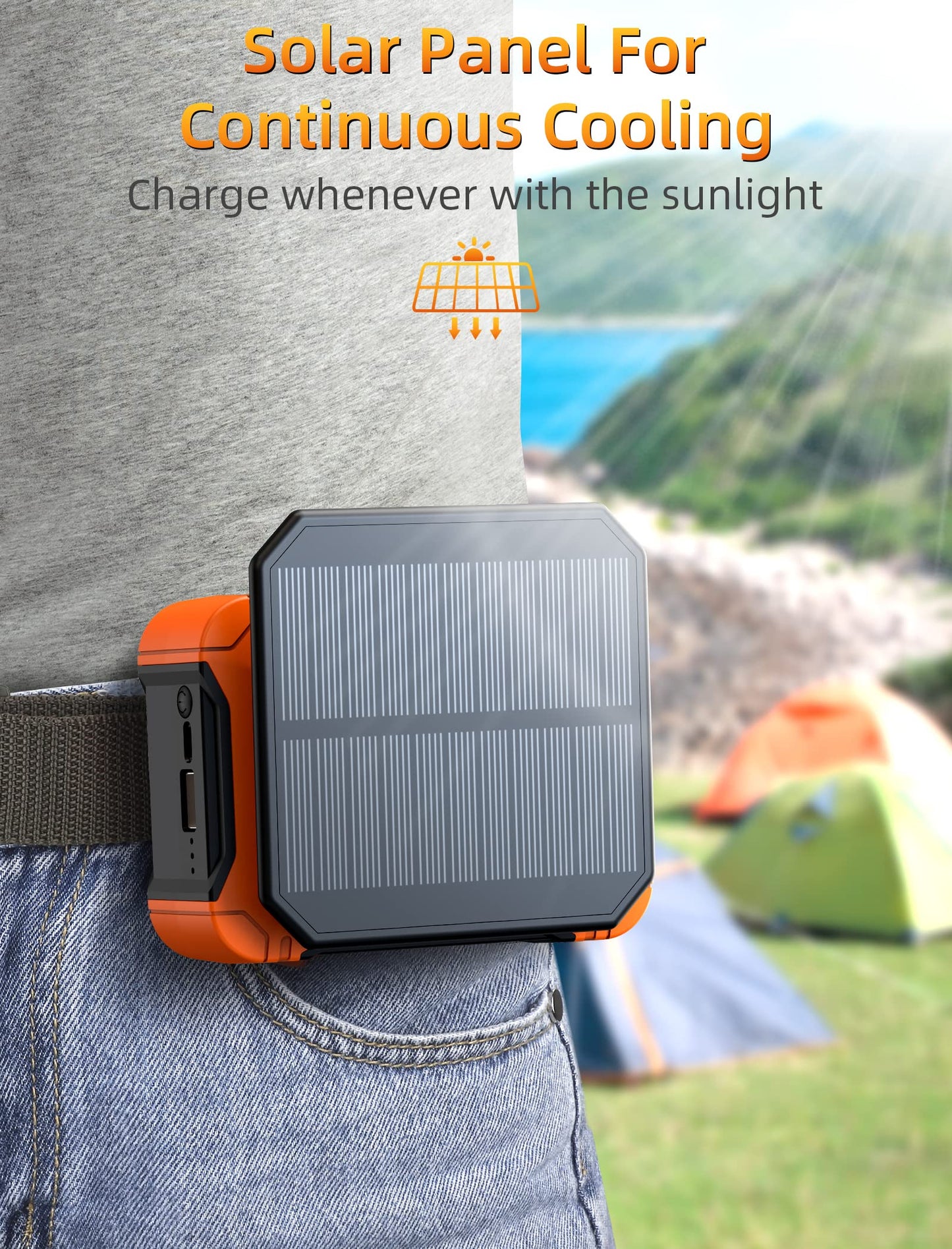 Koonie 10000mAh Waist Clip Fan with Solar Panel, 30H Working Time, Personal LED Light, Battery Powered Belt Fan, Strong Airflow, 3 Speeds, Body
