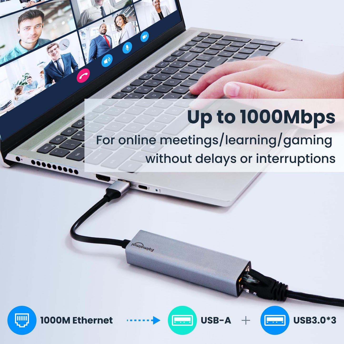 USB 3.0 Hub with Ethernet Adapter - 1GB RJ45, USB A to Ethernet, Compatible with Windows, Mac OS, Linux