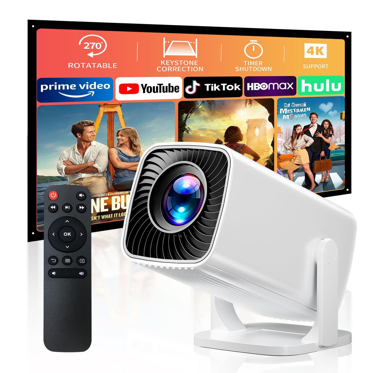 Mini Projector, Portable Projector 4K Support, Full HD 1080P Outdoor Projector, 270° Rotation Movie Projector, Compatible with Smartphone, TV Stick