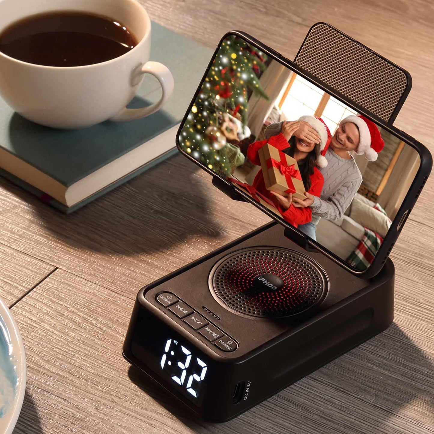 Gifts for Men Women, Phone Stand with Bluetooth Speaker&Clock, Birthday Gifts for Him, Phone Holder with Wireless Speaker, Ideal for Dad Mom Husband