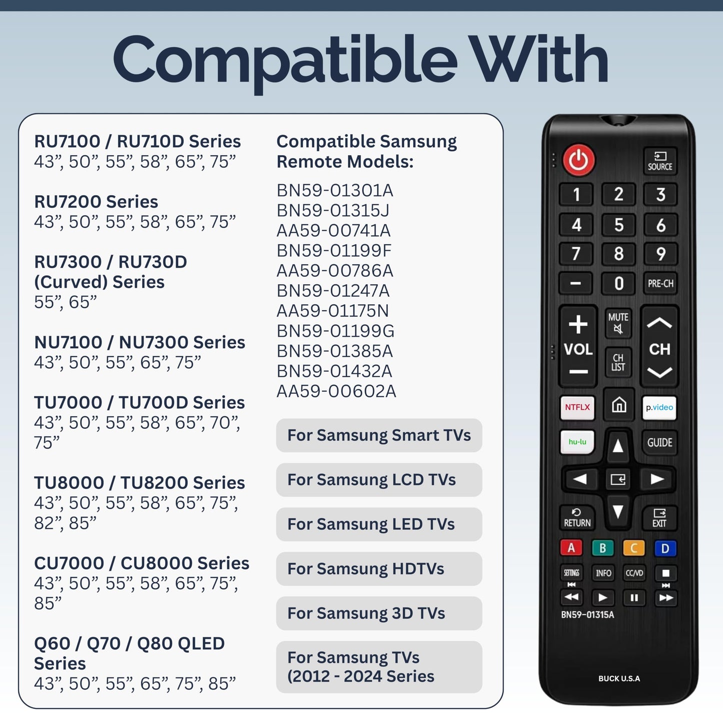 Universal Samsung TV Remote Control Replacement for Smart TV - Easy Setup, Durable Design, Universal Infrared Remote, Streaming Shortcuts - Works