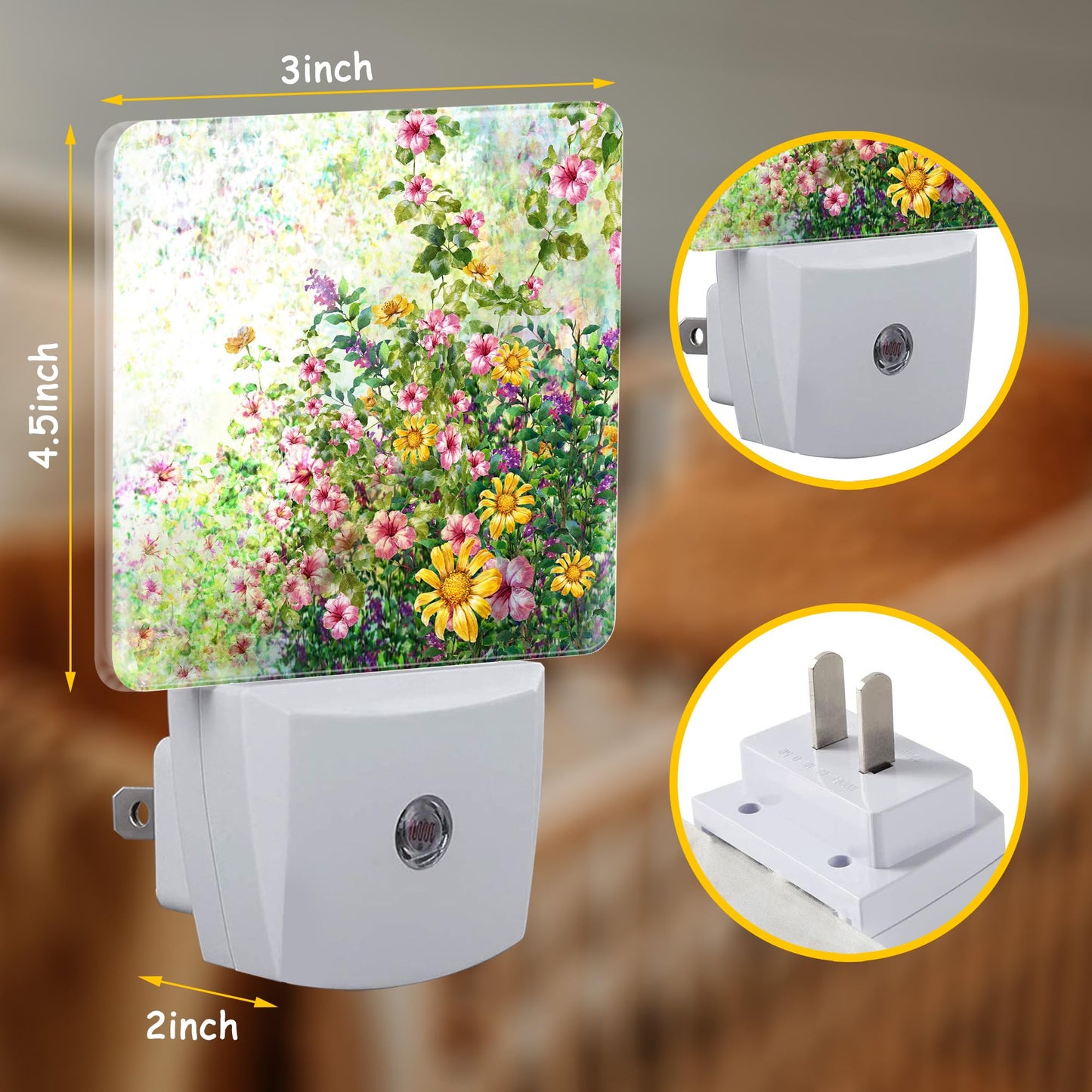 Spring Flowers Night Light Plug into Wall with Dusk to Dawn Sensor Abstract Garden Floral Energy Efficient LED Nightlight for Women Girls Boys Room