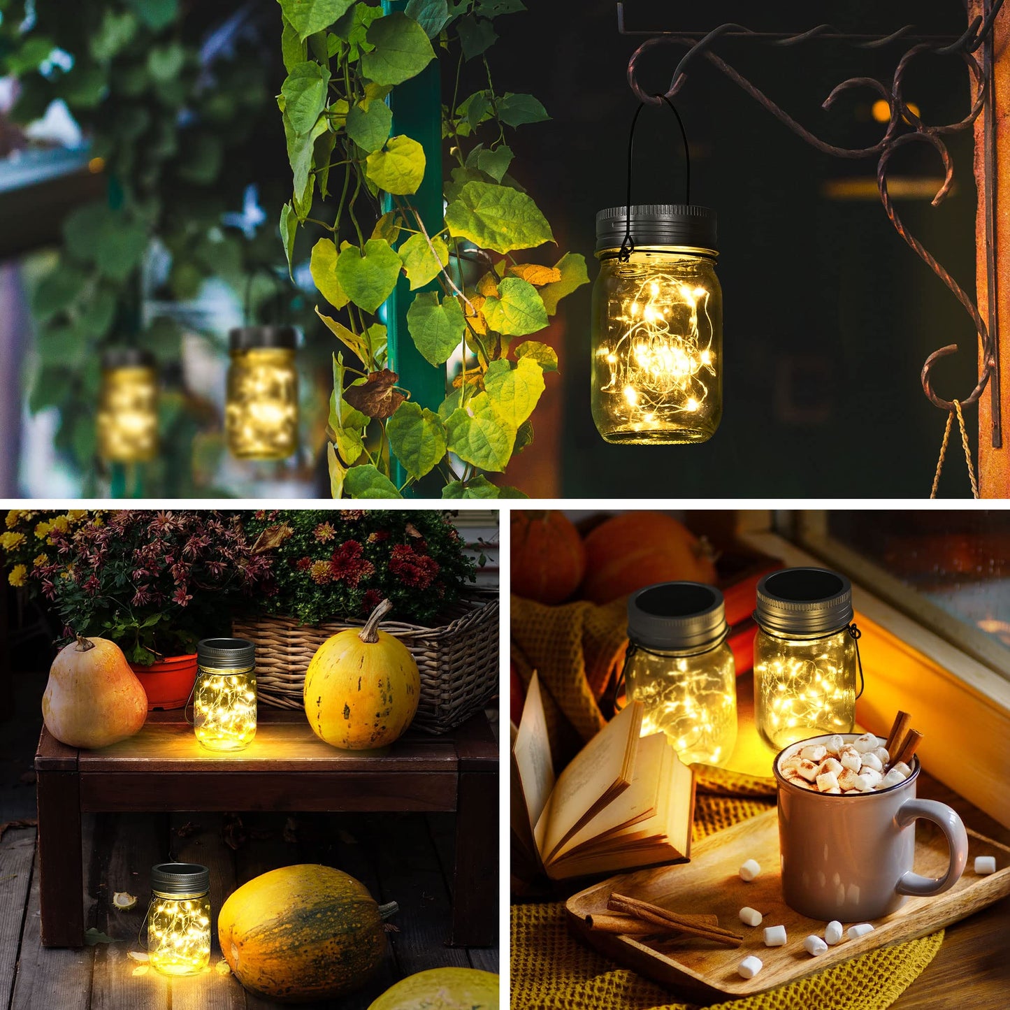 GIGALUMI Hanging Mason Jar Solar Lights, 6 Pack 30 Led Hanging Solar Lanterns Outdoor Waterproof, Hangers and Jars Included, Outdoor Decor