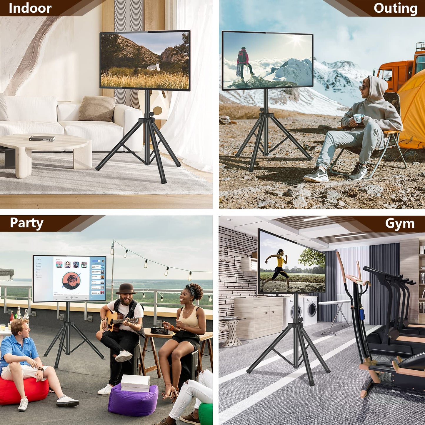 Tripod TV Stand for 23-75 inch Flat Screen/Curved TVs up to 100 lbs, Outdoor TV Stand with ±15° Tilt, Height Adjustable Portable TV Stands with Safety