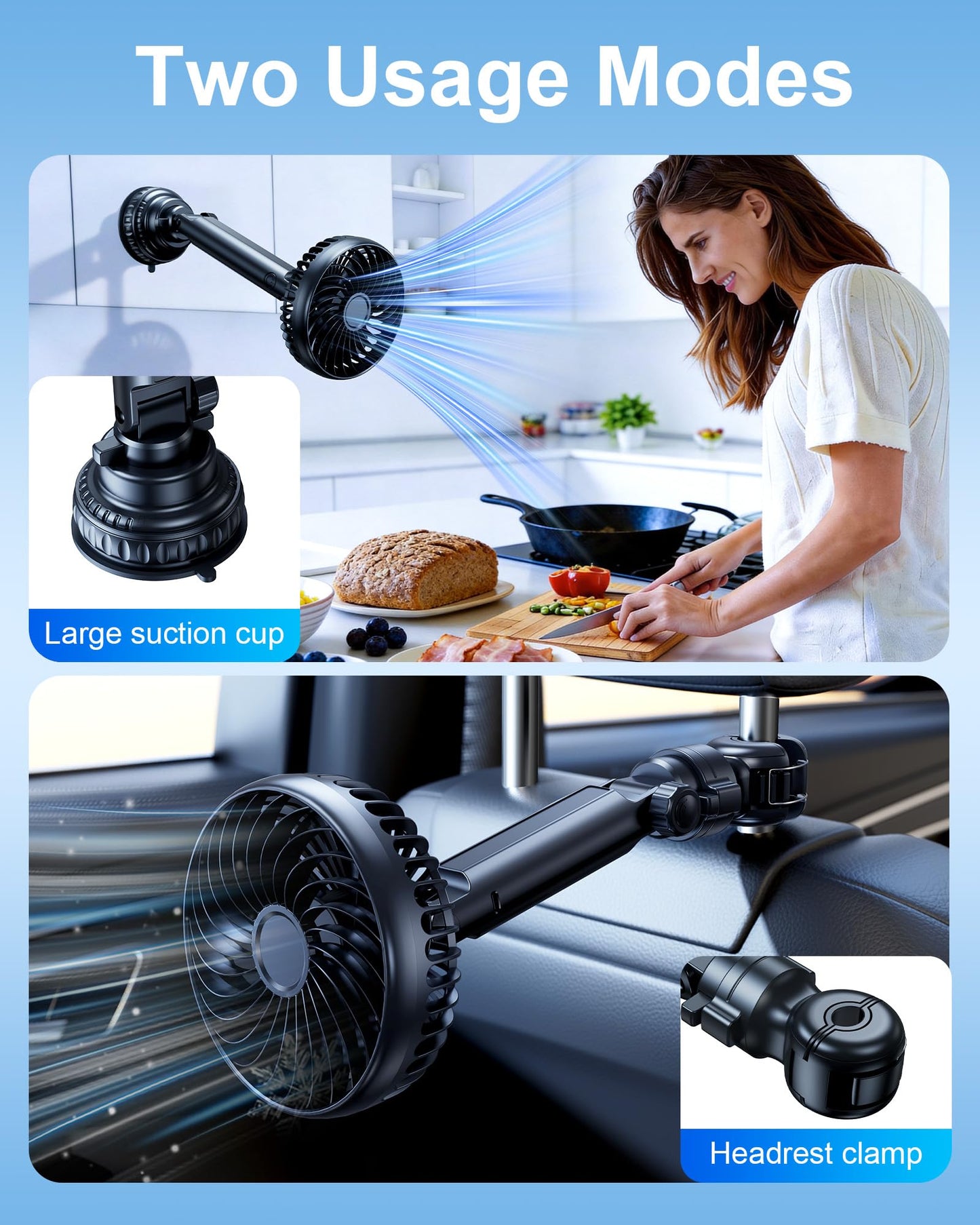 5000mAh Rechargeable Suction Cup Fan for Bathroom Shower, 360° Adjustable Stick on Fan for Wall, Detachable Battery Operated Wall Fan for Bathroom