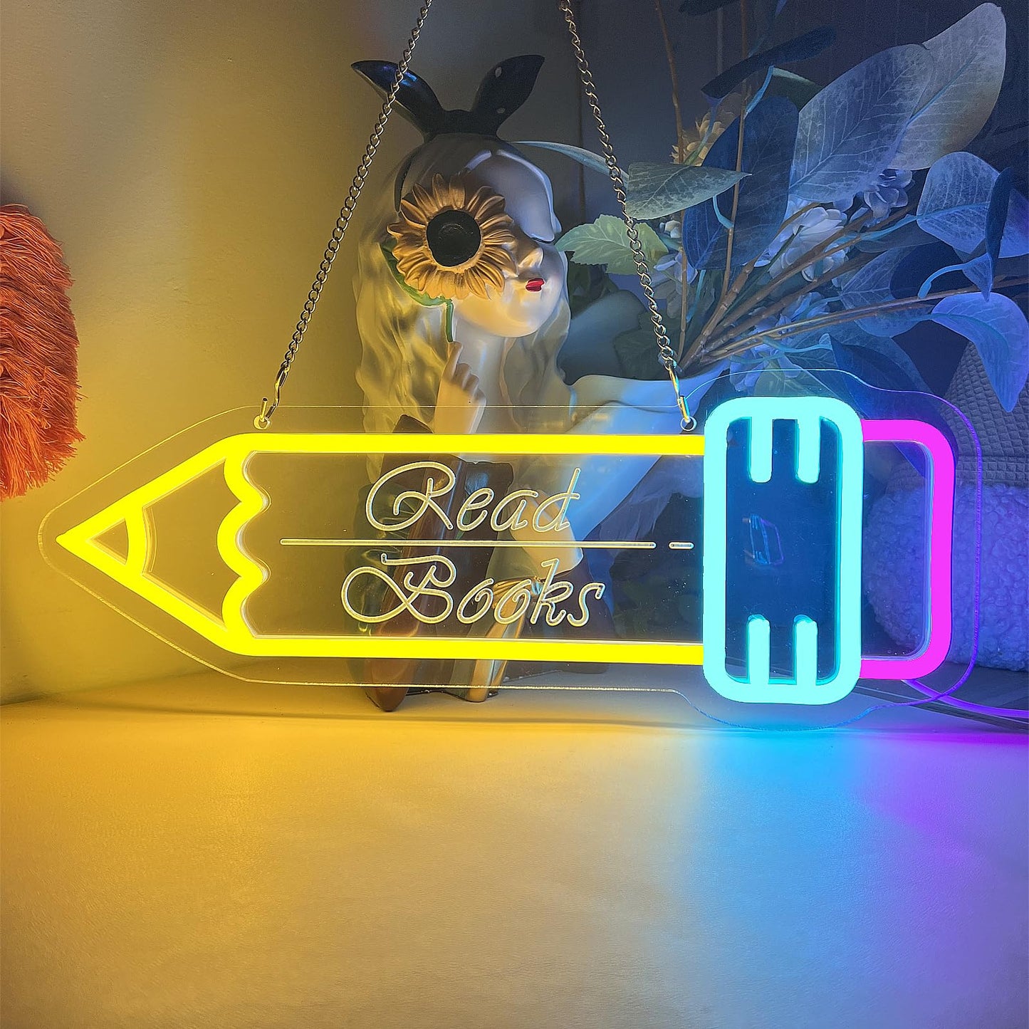 Read Books Pencil Neon Sign, LED Neon Light with Metal Chain & Dimmable Switch, Creative Educational Neon Light for Classroom, Kids Bedroom, Library