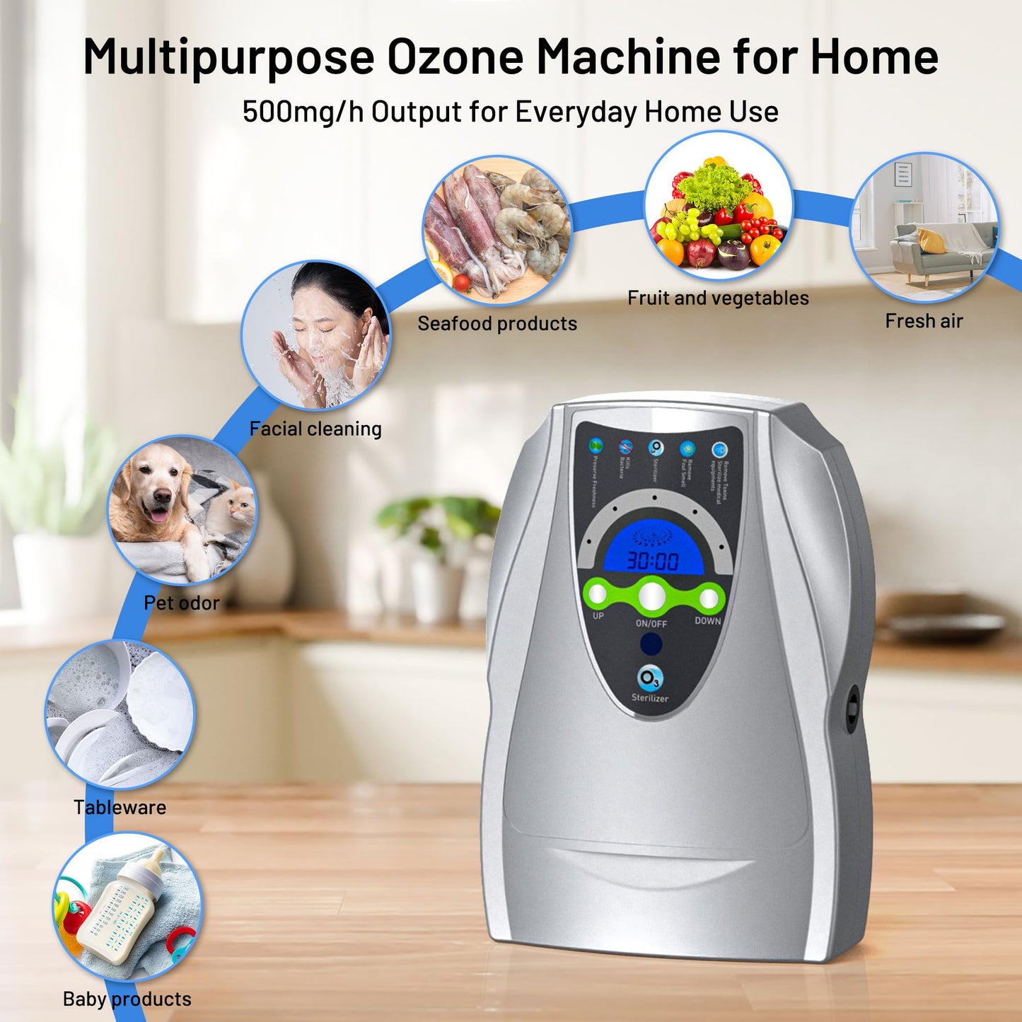 Ozone Machine Generator, Multifunctional with Timer, 500mg/h Portable Ozone Machine for Home, Kitchen, Office, Cleaning Water, Fruits and Vegetables