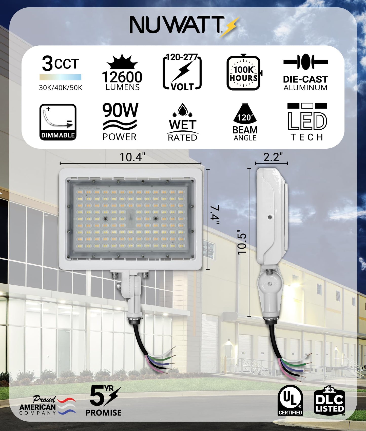 NUWATT 90W LED Flood Light, 3CCT 3000K/4000K/5000K Selectable, IP65 Waterproof Lighting, Adjustable Knuckle Mount, 12600LM, 0-10V Dimmable, 120-277V