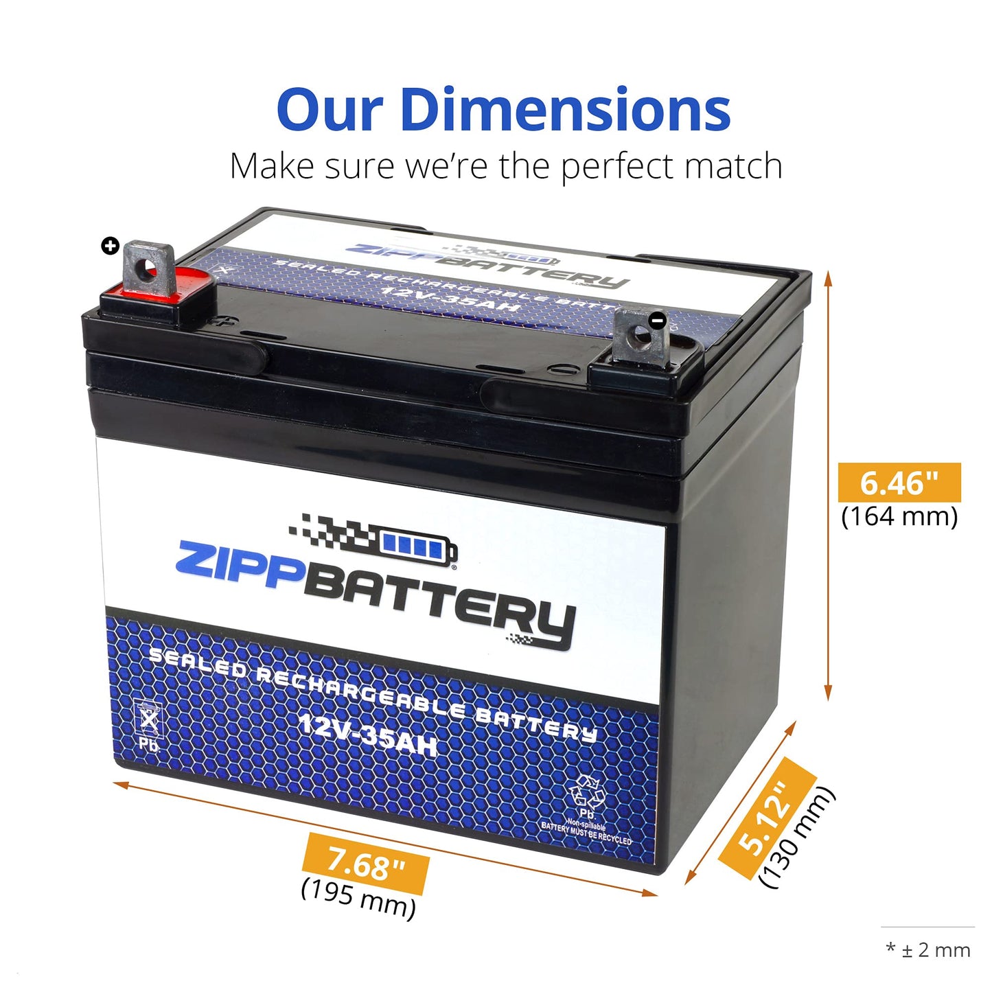 ZIPPBATTERY 12V 35AH T3 Maintenance-Free Battery for Lawn Mowers, Snow Blowers, Solar Energy, UPS Systems, and More - Nut and Bolt (T3) Terminal