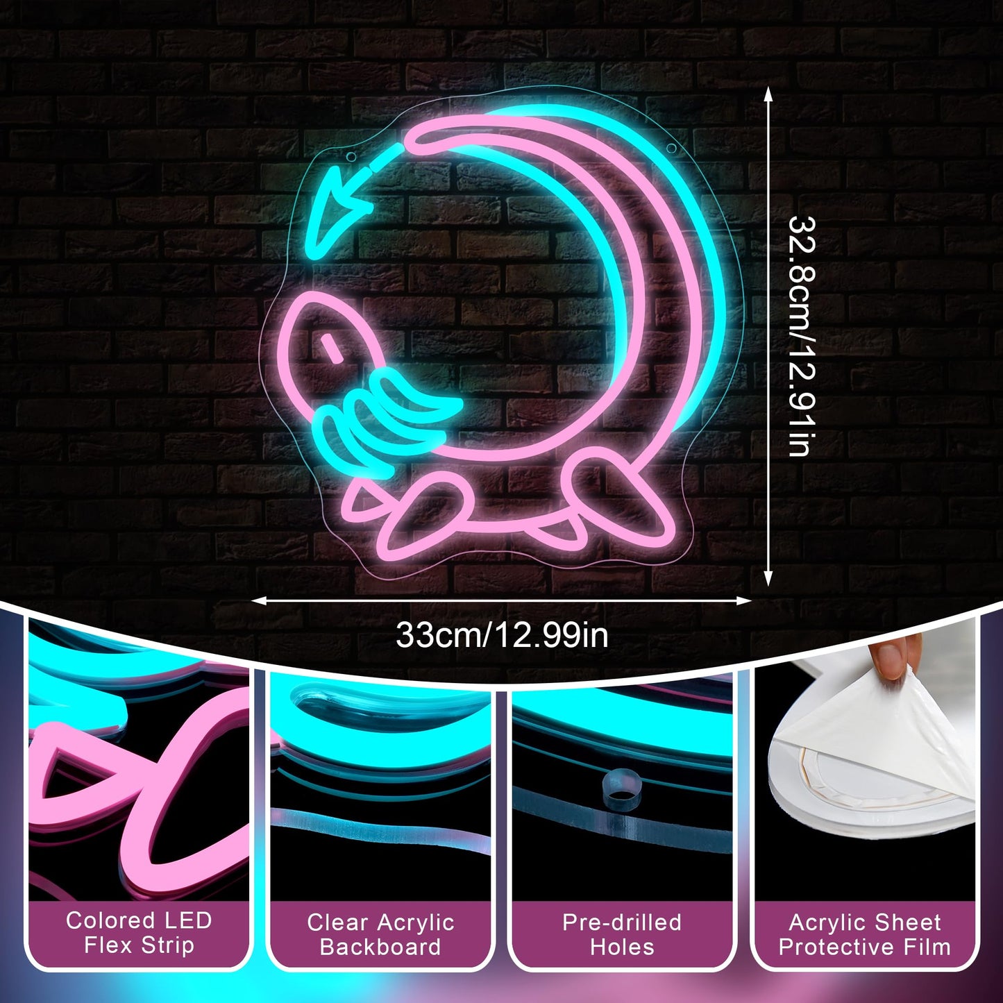Pink Axolotl Moon Neon Sign for Wall Decor - Cute Animals Kawaii Neon Acrylic USB Powered LED Wall Art Decor, Light Up Sign Dimmable, for Axolotl