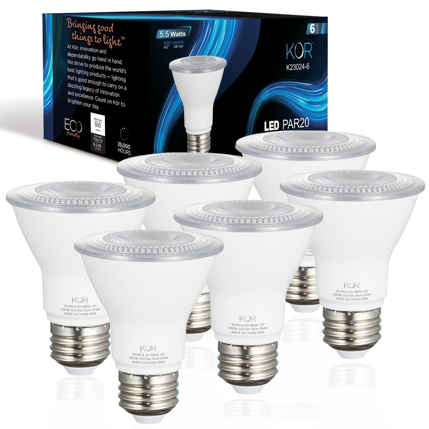 KOR 5.5W PAR20 LED Flood Bulb, Dimmable, E26 Base, 5000K Daylight, 6-Pack