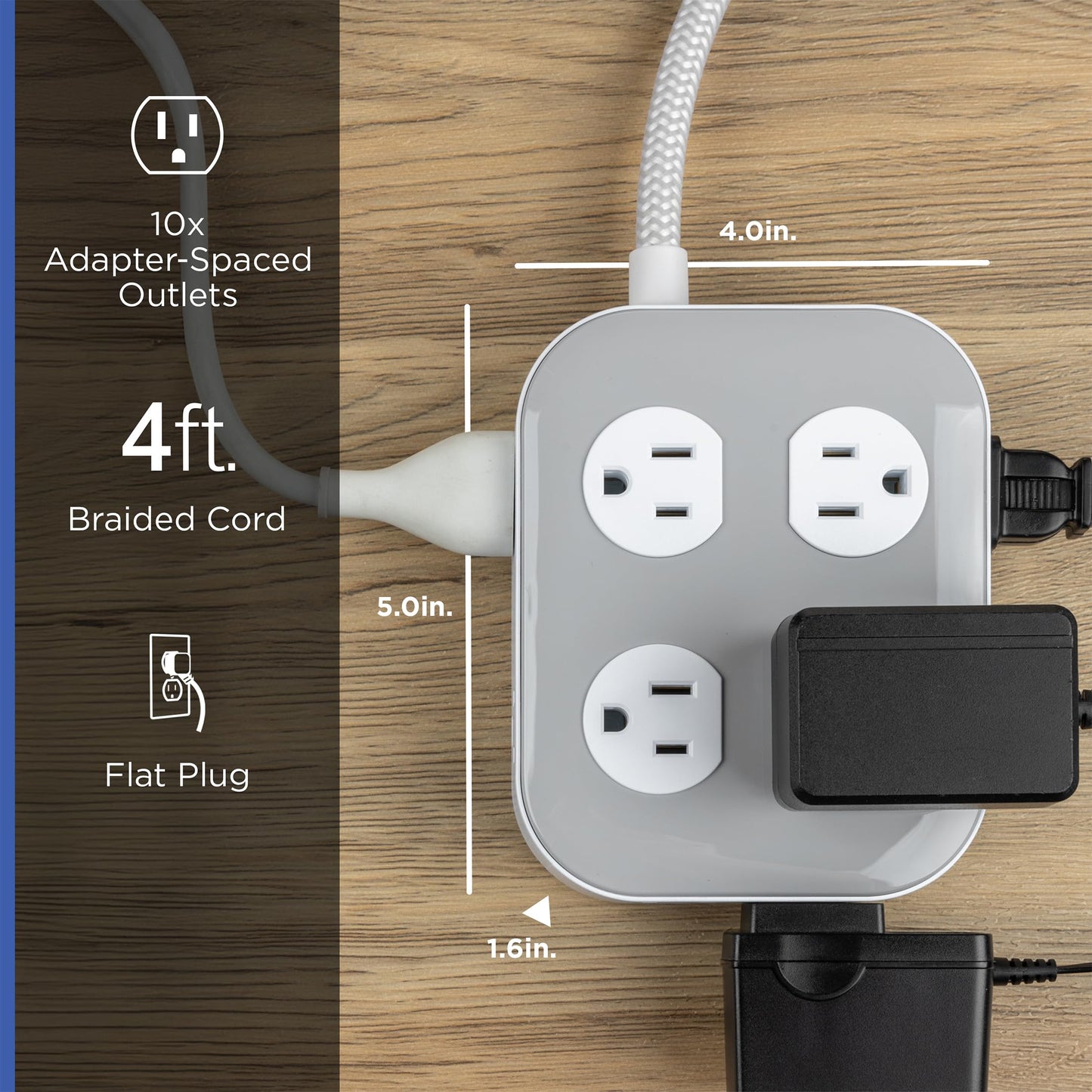 GE UltraPro 10-Outlet Surge Protector, 2100 Joules, 4ft Braided Extension Cord, Flat Plug, Power Strip with Wide-Spaced Outlets, Gray/White, 84860
