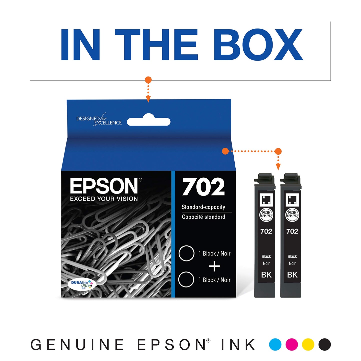 Epson 702 DURABrite Ultra Ink Standard Capacity Black Dual Cartridge Pack (T702120-D2) Works with Workforce Pro WF-3720, WF-3730, WF-3733