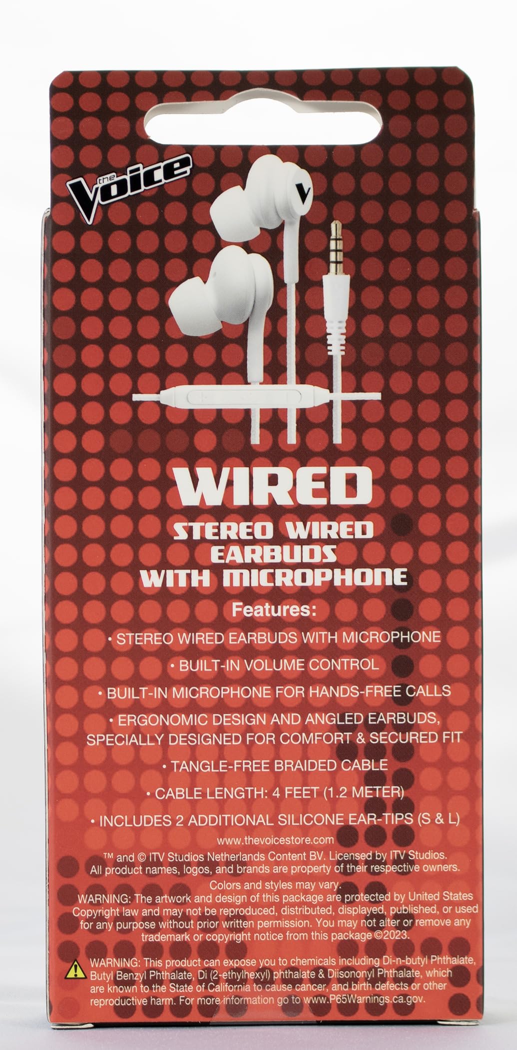 The Voice Wired Stereo Earbuds with Microphone, Ergonomic Comfort Design with Braided 4-Foot Cable (White)