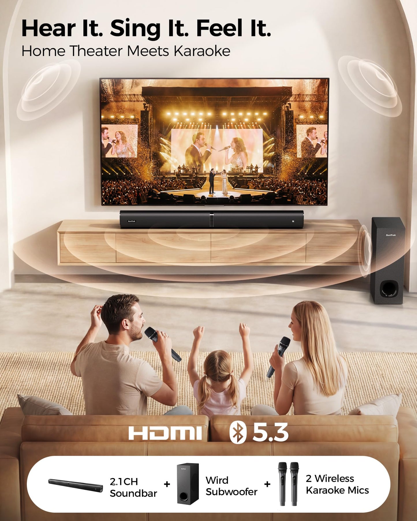 Soundbar with Subwoofer for TV, Home Theater Bluetooth 5.3 Speaker System with 2 Wireless Karaoke Mics, Surround Sound Audio with HDMI ARC, Optical
