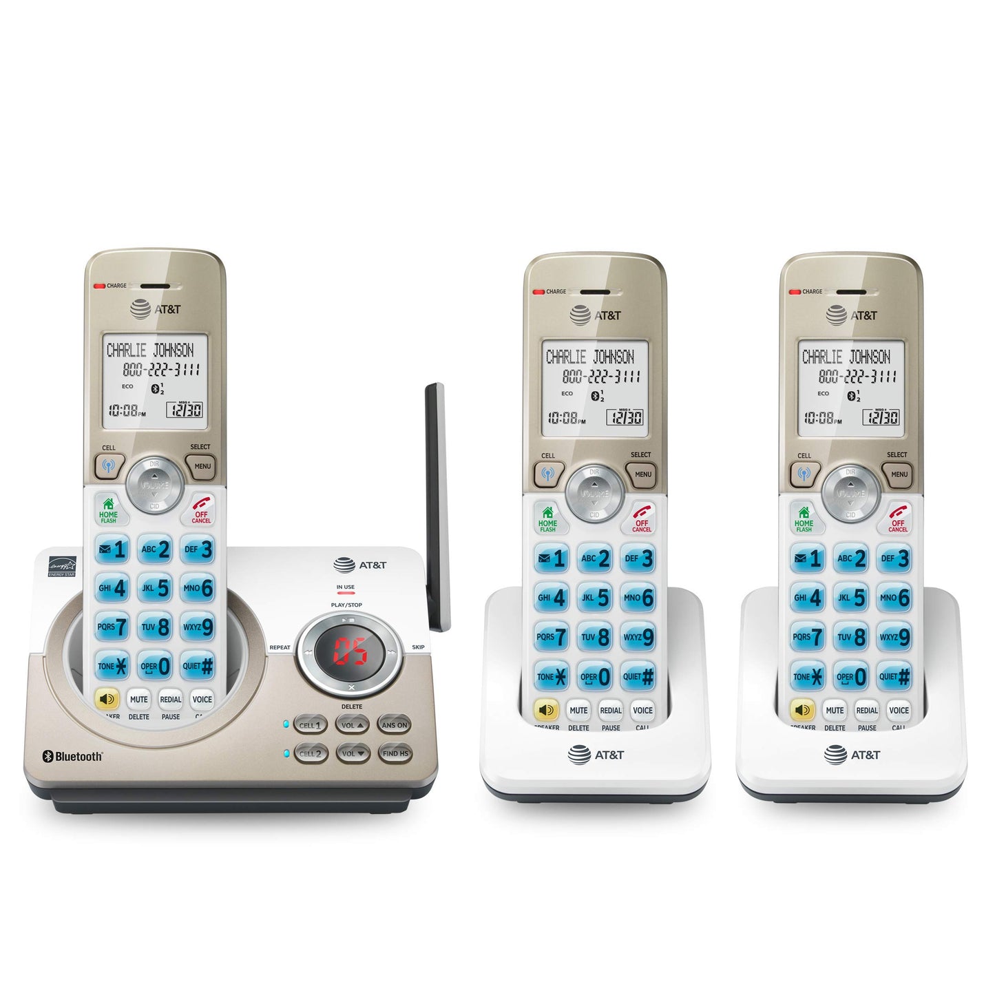 AT&T DL72319 DECT 6.0 3-Handset Cordless Phone for Home with Connect to Cell, Call Blocking, 1.8" Backlit Screen, Big Buttons, intercom,
