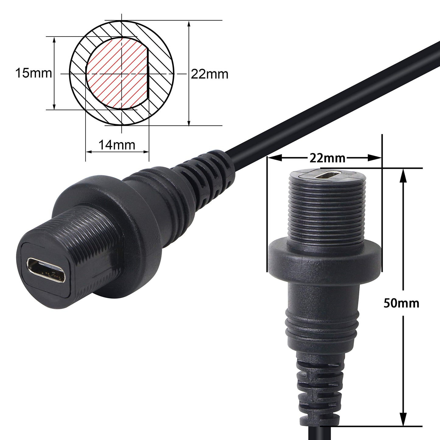 GELRHONR 30cm USB Type C 2.0 Male to Female Car Flush Mount Dash Waterproof Extension Cable for Car, Motorcycle,Truck Dashboard-Black (USB C)