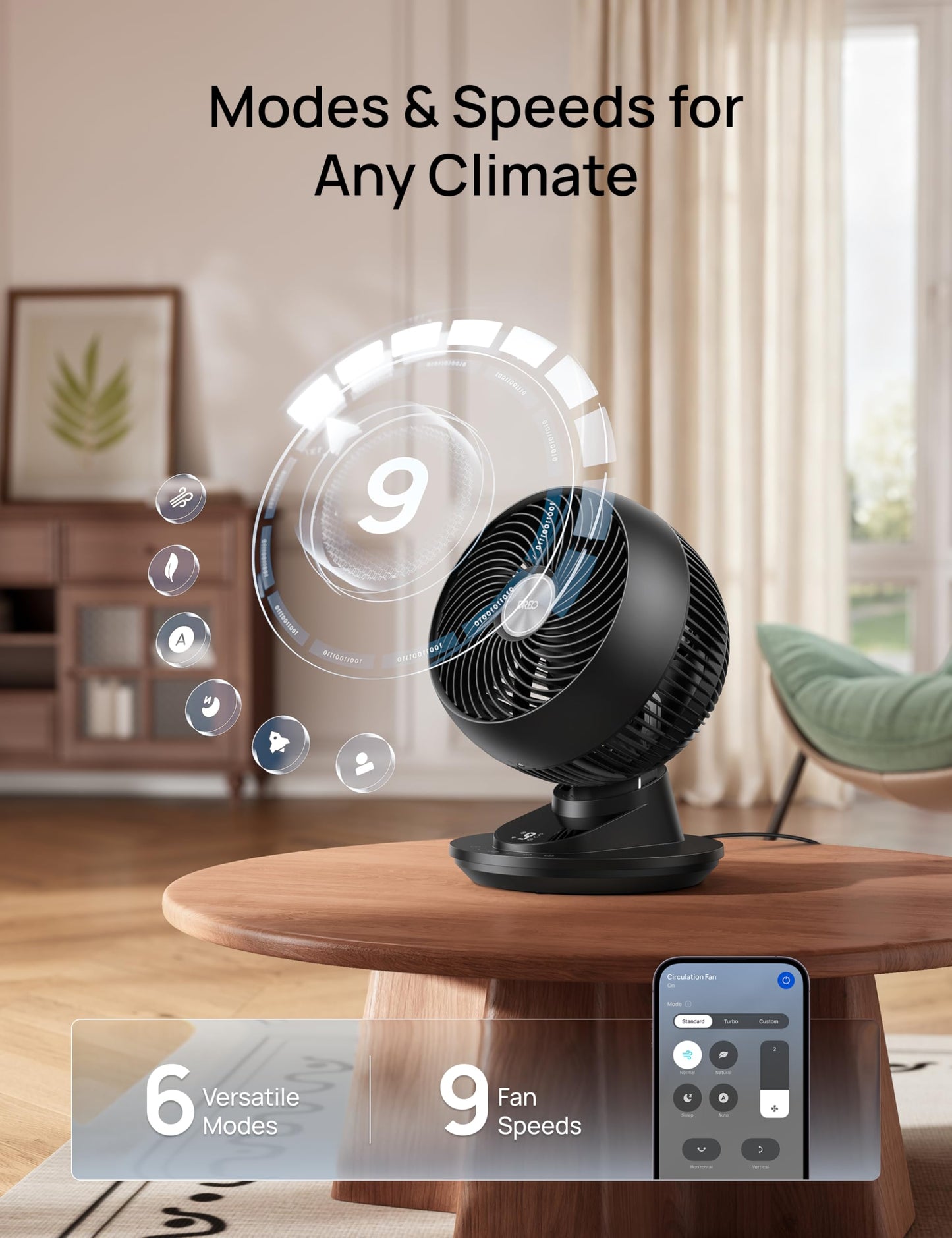 DREO Smart Fan for Bedroom, Powerful 85 ft Airflow, 12 Inches, Desk Fans in 20dB Quiet, 90°+90° oscillating fans, App/Voice Control, 9 Speeds & 8/12H