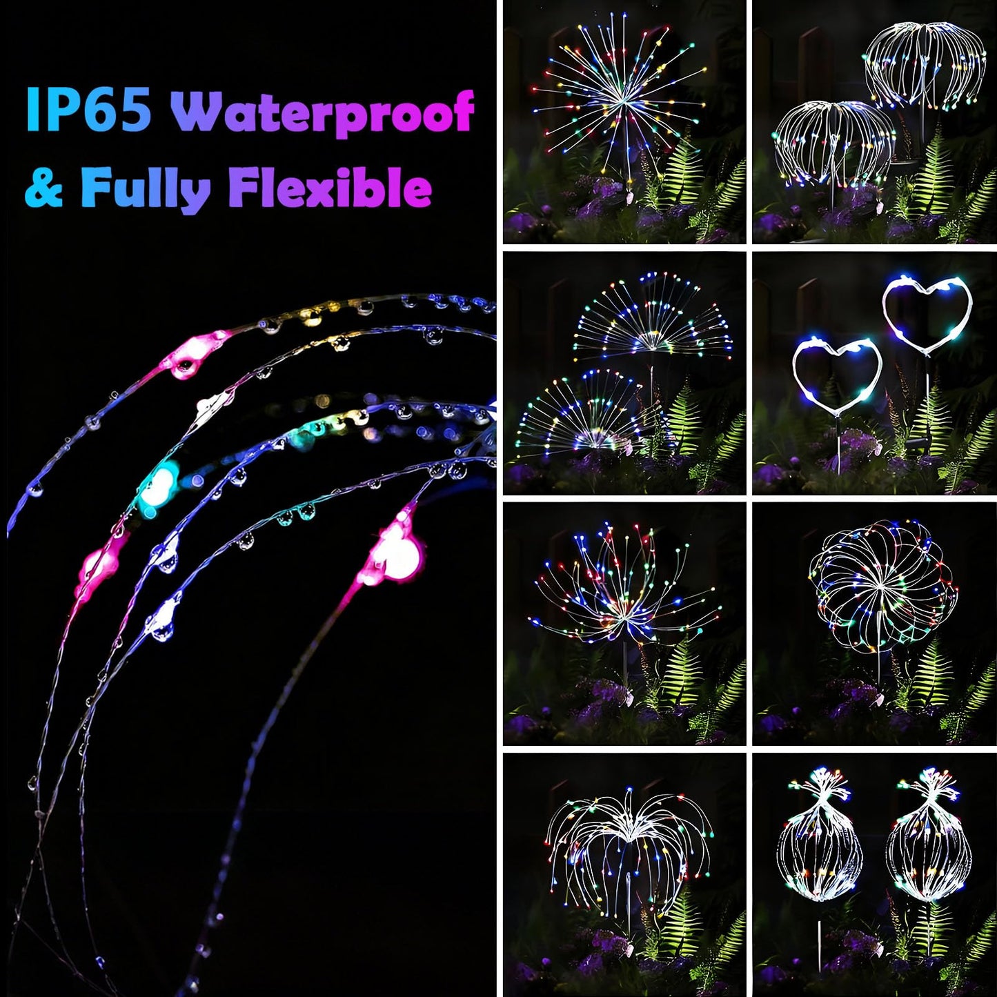 colcutee 2 Pack Solar Firework Lights Outdoor, Adjustable 32" to 51" Extra Tall, 200 LED Stainless Steel 3-Section Pole, 8 Modes Waterproof Starburst