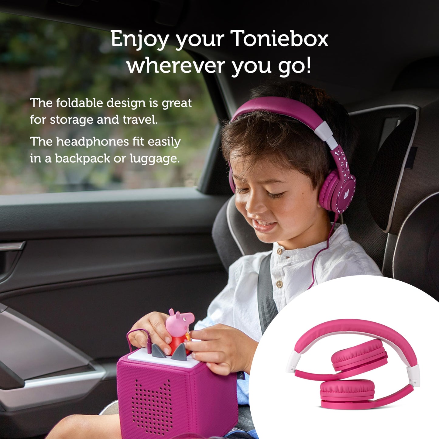 Tonies Foldable Wired Headphones for Kids - Comfortably Designed to fit On-Ear - Works with Toniebox 1 and All 3.5mm Devices - Pink