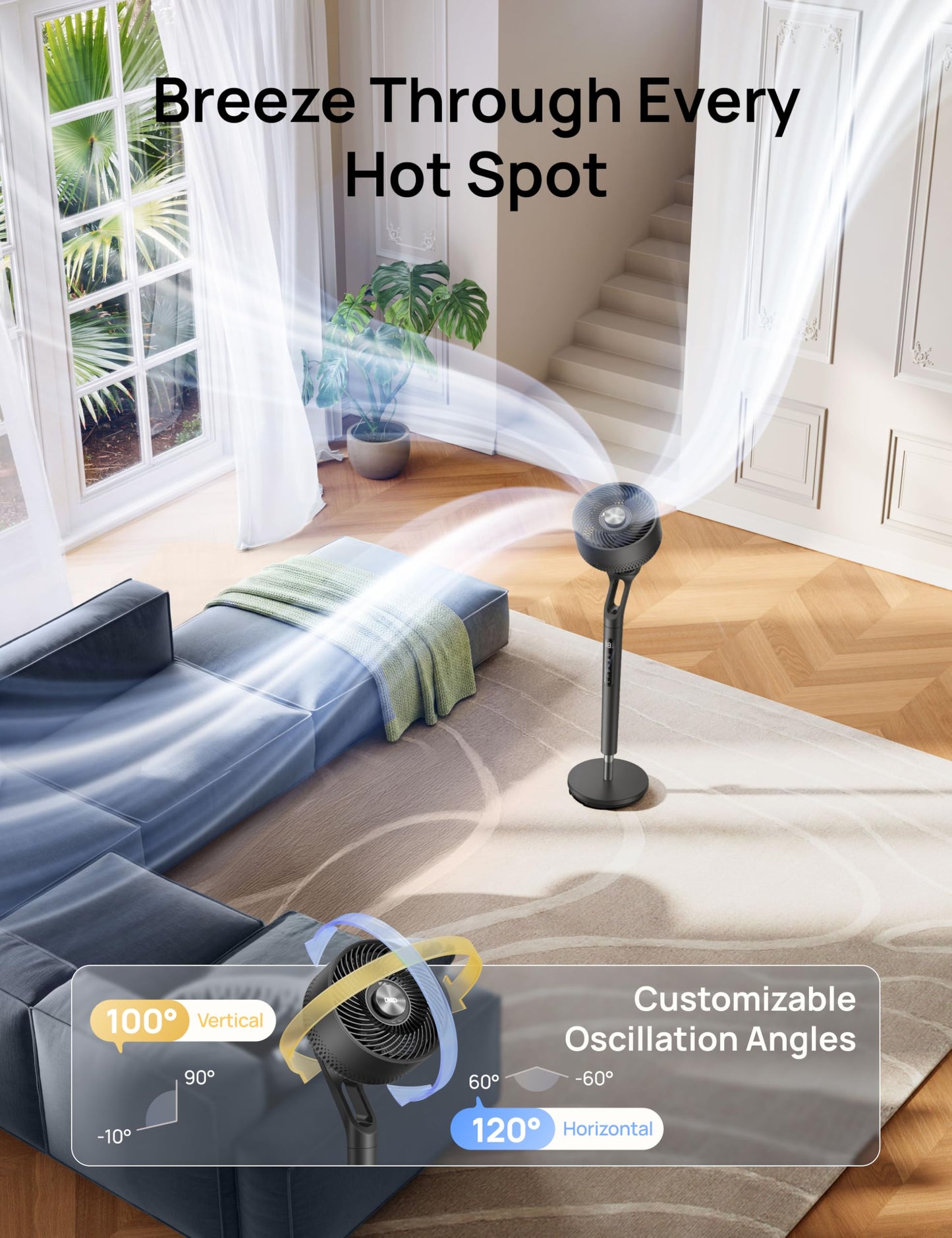 DREO Fan for Bedroom, 2026 New model,120°+100° Omni-Directional Oscillating Fan, 96ft, DC Motor, 20 dB Quiet Standing Pedestal Fans, 9 Speeds, 3