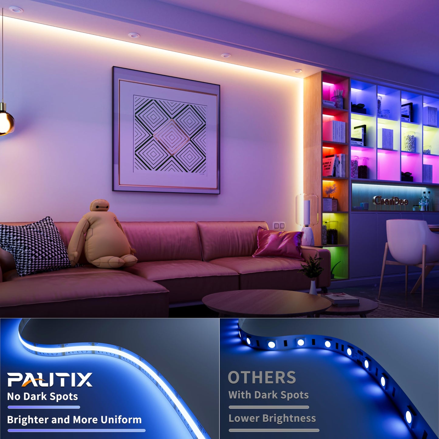 PAUTIX COB LED Strip Lights,32.8ft RGB+CCT 2700K-6500K White LED Lights,Dimmable Color Changing RGB LED Strip Light,with Remote/APP Control,for