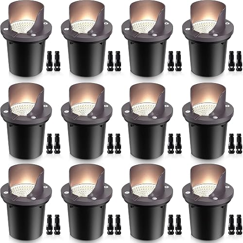 SUNVIE 12 Pack Low Voltage Landscape Lighting 12W LED Outdoor In-Ground Waterproof Shielded Well Lights Warm White Paver Lights with Wire Connectors