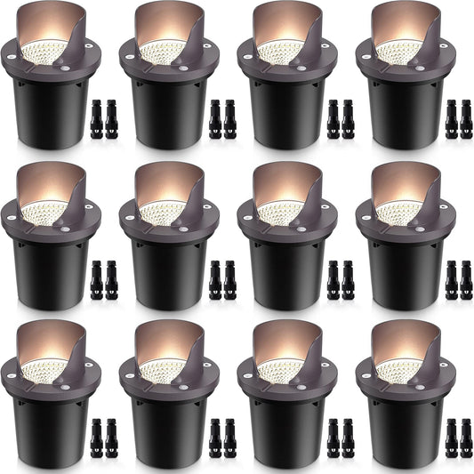 SUNVIE 12 Pack Low Voltage Landscape Lighting 12W LED Outdoor In-Ground Waterproof Shielded Well Lights Warm White Paver Lights with Wire Connectors