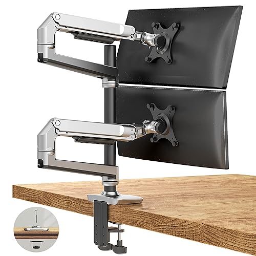 Ergounion Premium Dual Monitor Stand for Desk, High-Grade Aluminum Stacked Monitor Arm with Heavy-Duty Mechanical Spring, Adjustable Vertical Double