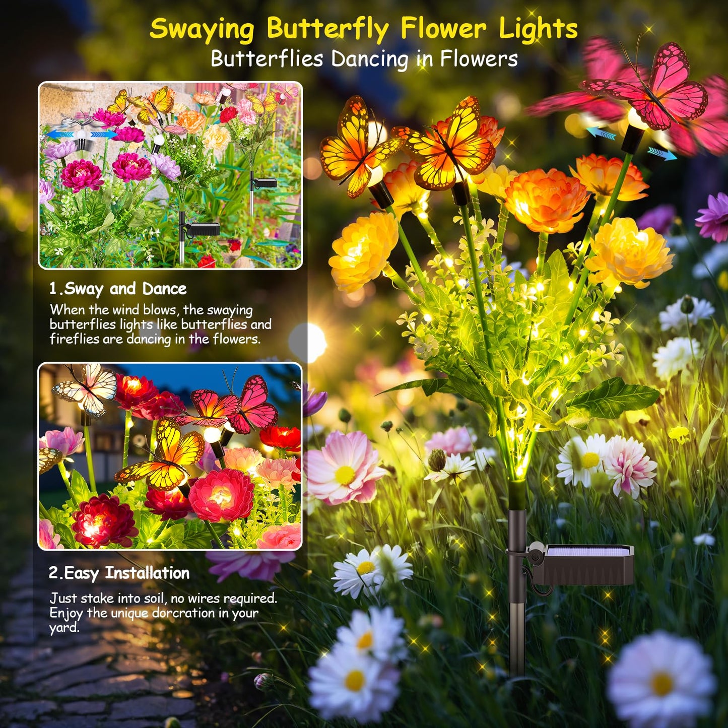 GARPAR Solar Garden Lights, 6 Pack Swaying Solar Lights with 18 Butterflies & 42 Blooming Flowers, Solar Flowers Lights Outdoor Waterproof, Solar
