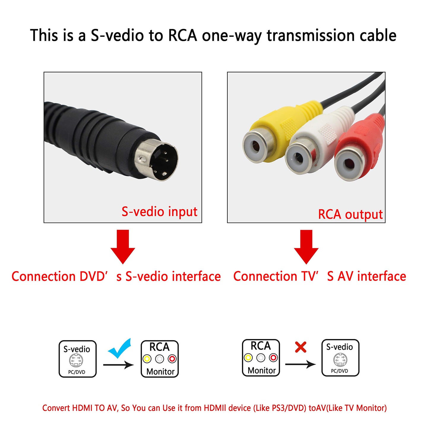4 Pin S-Video to 3 RCA AV Female Cable for TV PC Computer Video AV Projector for Video TV Laptop Adapter Cable (27cm)