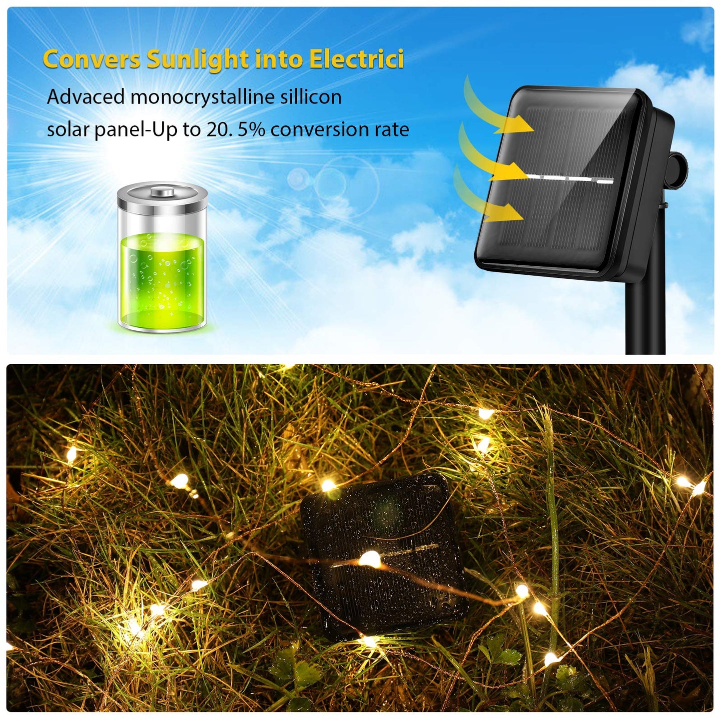Ariceleo Solar String Lights, 4 Pack, 33 Ft, 100 LED Copper Wire, Warm White, 8 Lighting Modes, Waterproof, Outdoor and Indoor Use, for Garden, Patio