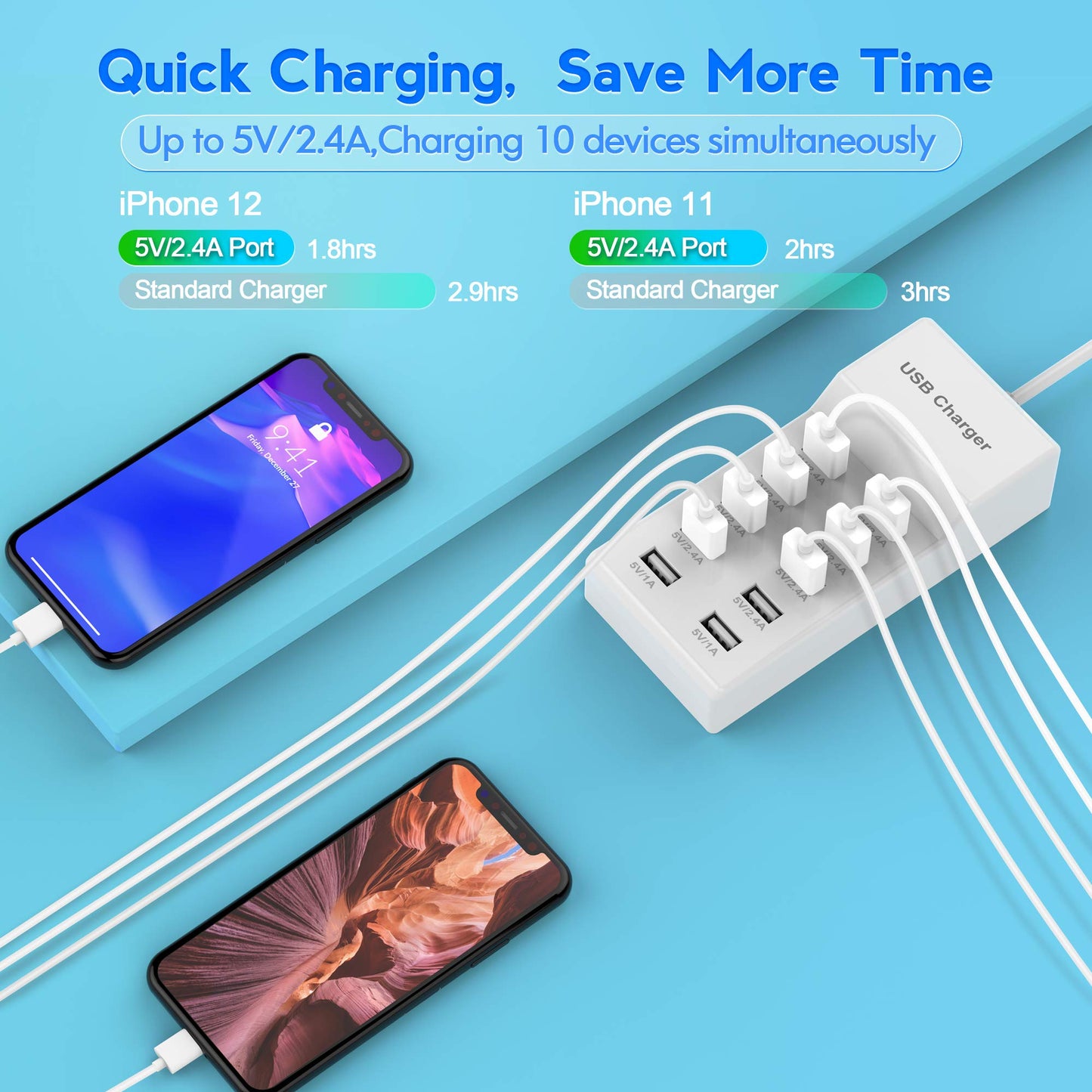 USB Charger USBA Wall Charger with Rapid Charging Auto Detect Technology Safety Guaranteed 10-Port Family-Sized Smart USB-A Ports for Multiple Devices