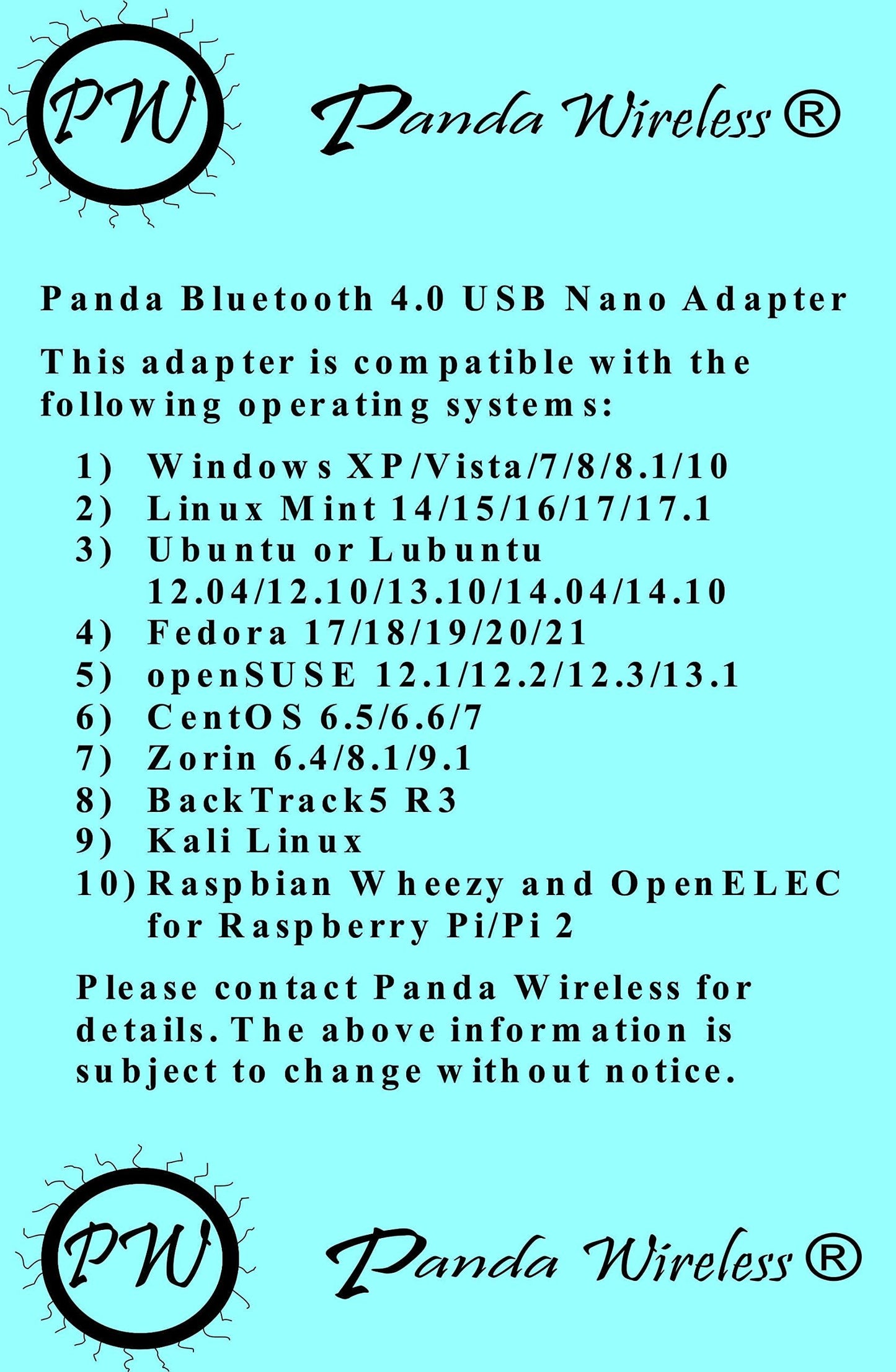 Panda Bluetooth 4.0 USB Nano Adapter - Windows XP/Vista/7/8/8.1/10/11, Mint, Ubuntu, Fedora, openSUSE, Lubuntu, Zorin, BackTrack5 R3, Kali Linux
