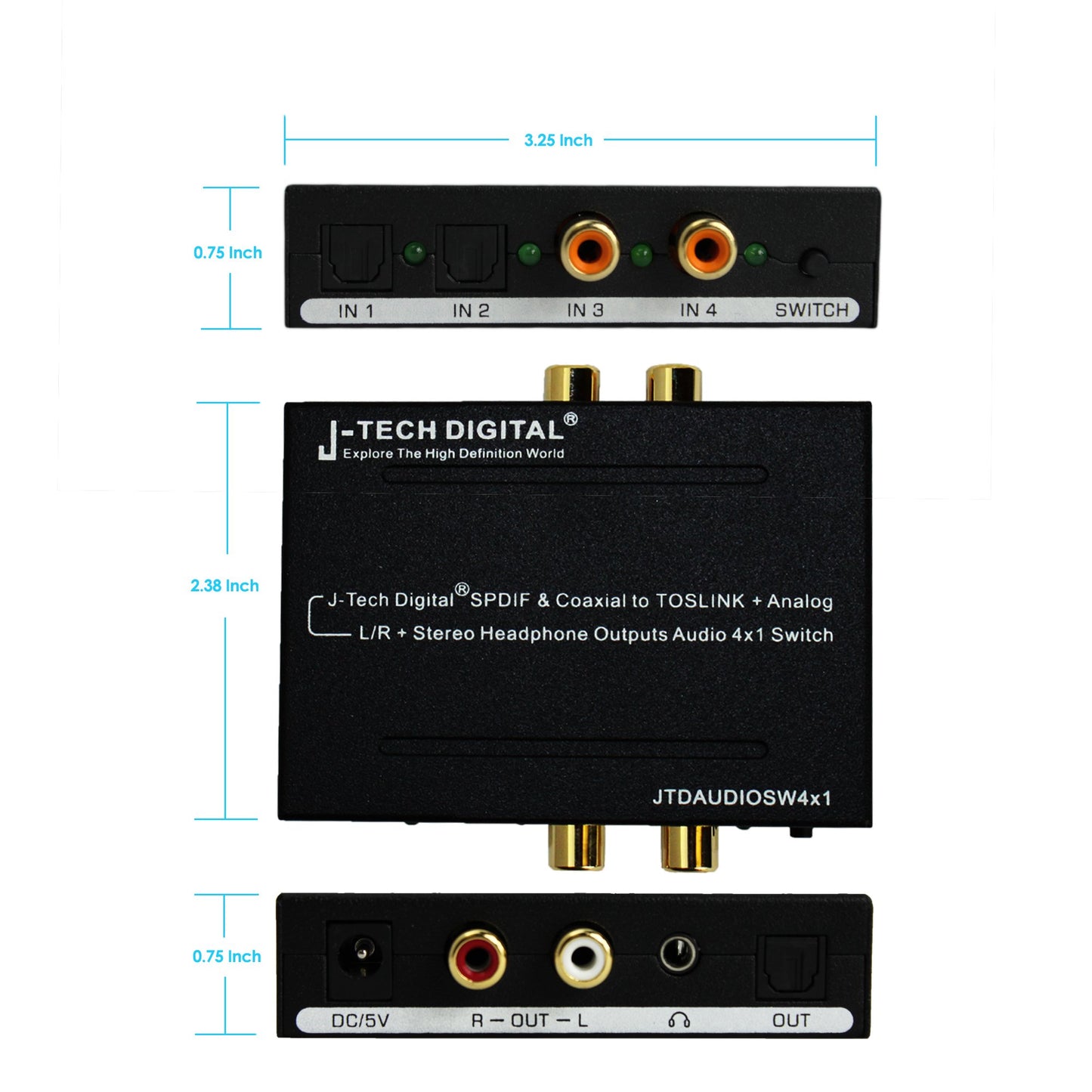 J-Tech Digital Optical SPDIF/Coaxial Digital to RCA L/R Analog Audio Converter 4x3 Switch with 3.5mm Jack Support Headphone/Speaker Outputs