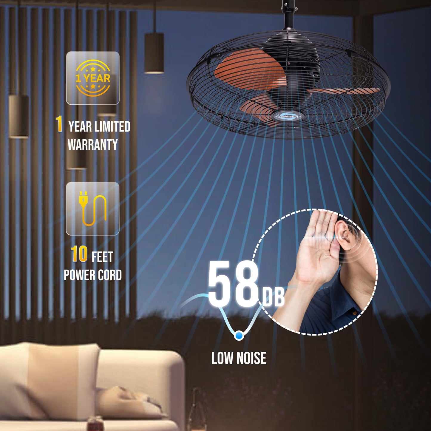 Tornado 20 Inch Outdoor Downrod Mount Ceiling Fan, IPX4 Water-Resistant Ceiling Hung Fan Remote Control Included, 3 Speed 3000 CFM 10 FT Cord UL