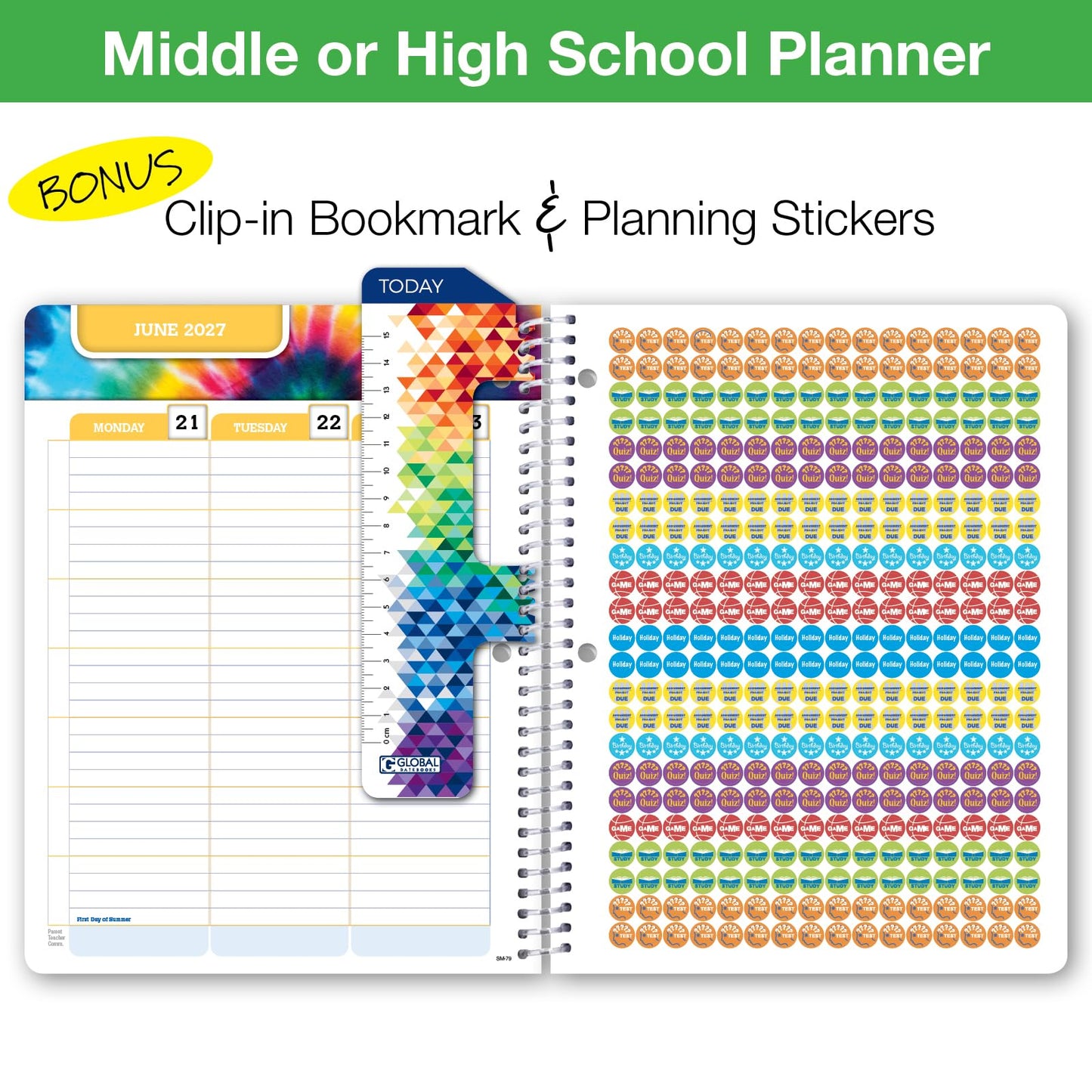 Global Datebooks 2026-2027 Middle & High School Student Planner 7" x 9" - Dated Weekly & Monthly Academic Planner w/Ruler/Bookmark & Stickers, Ideal