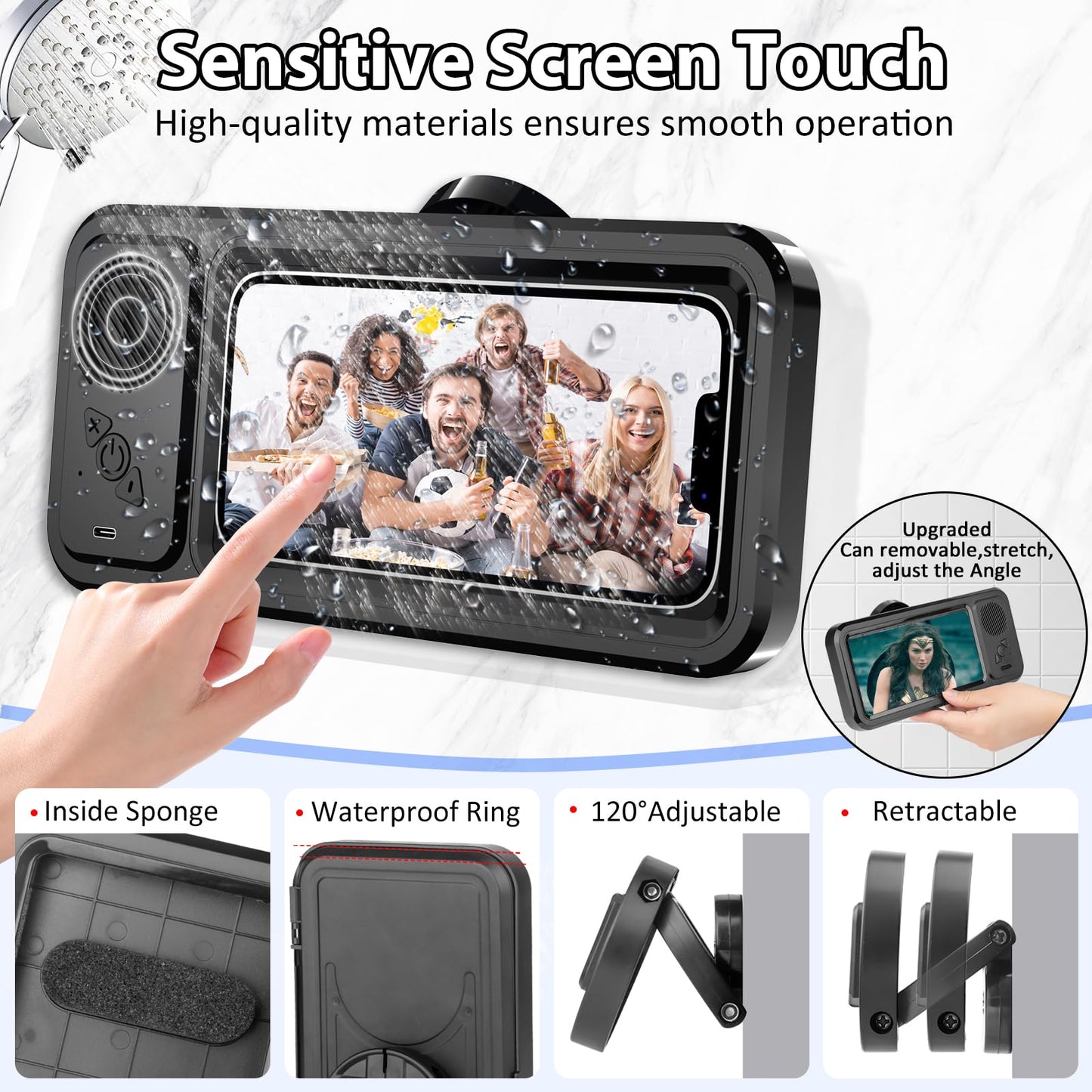 Shower Phone Holder with Wireless Bluetooth Speaker,2026 New Waterproof 480 Rotation Viewable Shower Phone Case Speaker for Any Phone, Wall Mounted